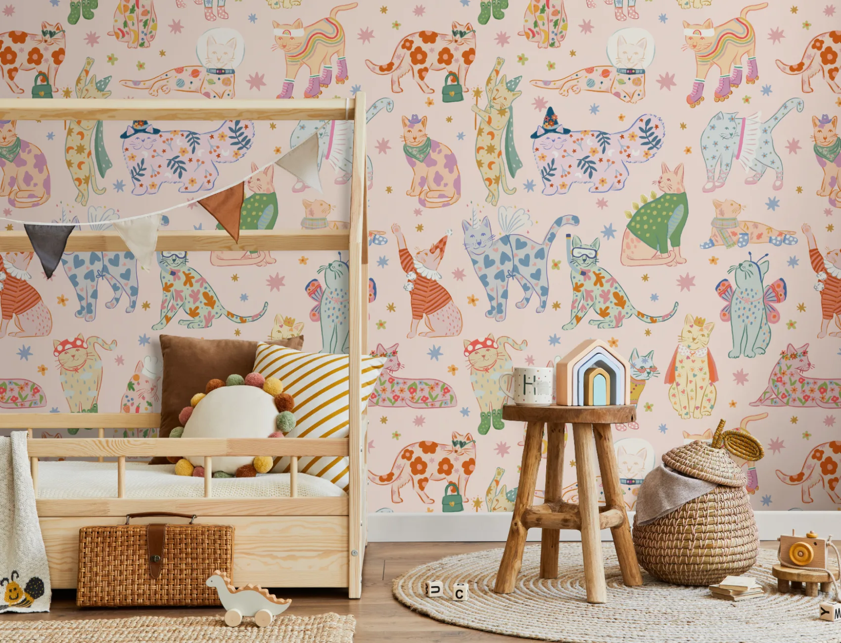Pink Cats in Outfits Print Mural