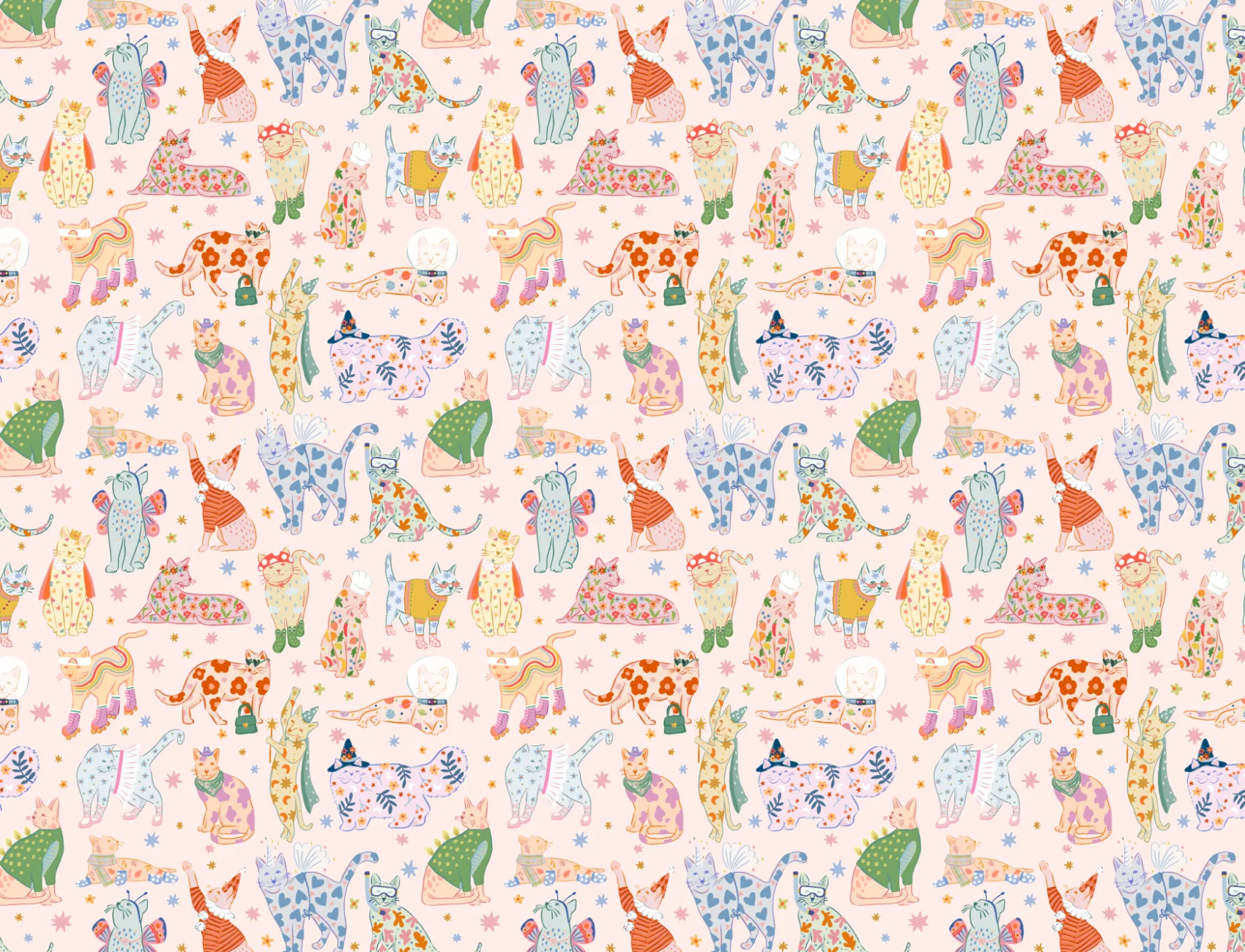 Pink Cats in Outfits Print Mural