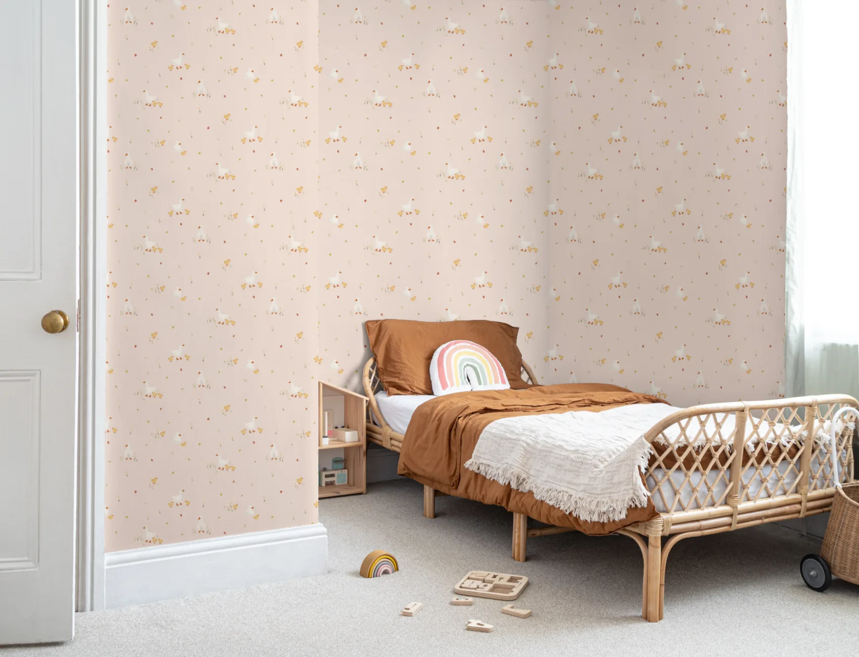 Rosa söt beige anka och ankungar tryck tapet
