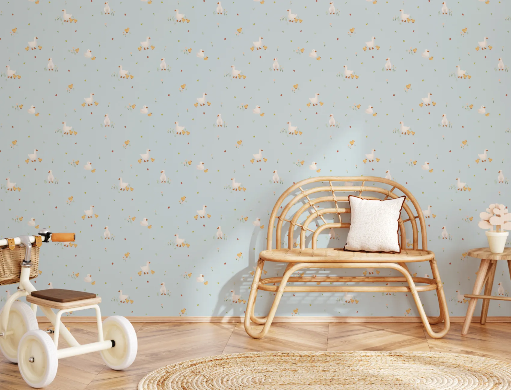Blue Cute Beige Duck & Ducklings Print Wallpaper