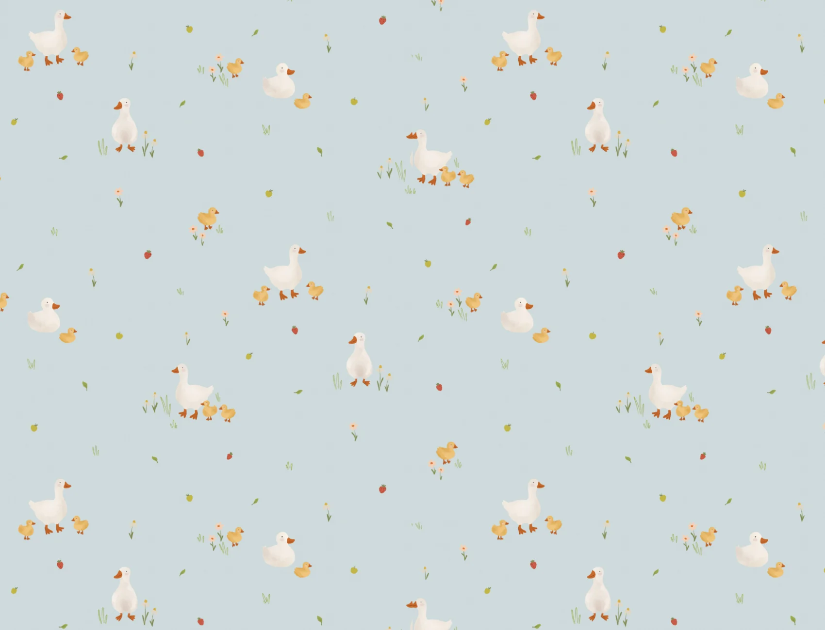 Blue Cute Beige Duck & Ducklings Print Wallpaper