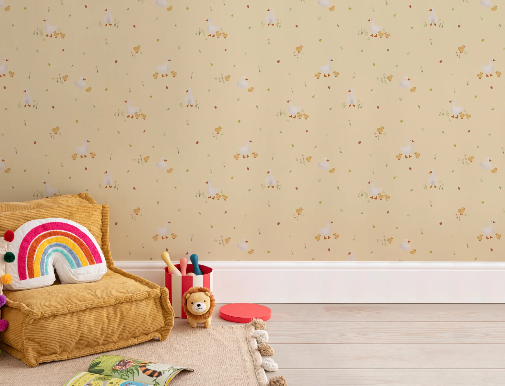 Yellow Cute Beige Duck & Ducklings Print Wallpaper