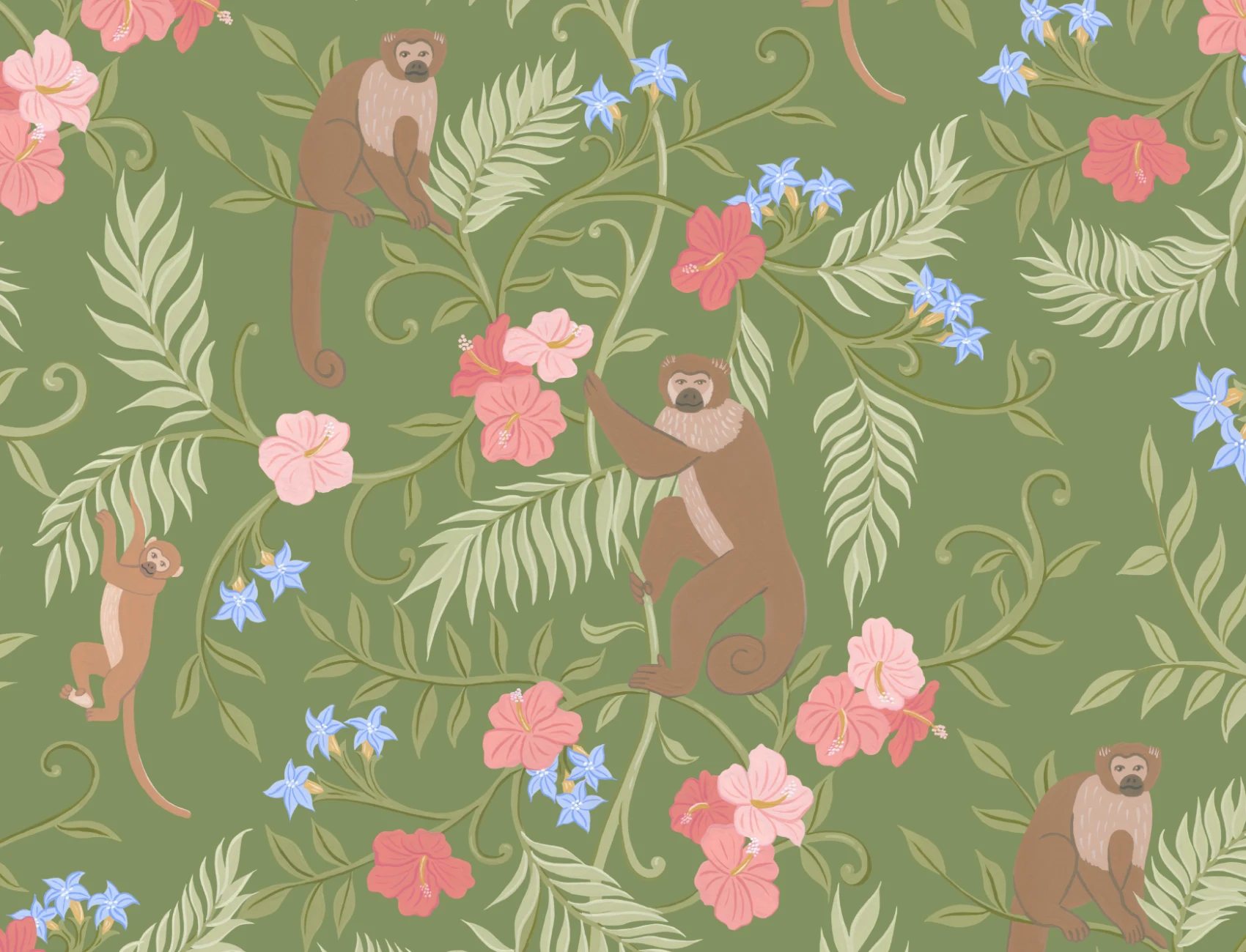 Green Macaque Monkey Tropical Mural