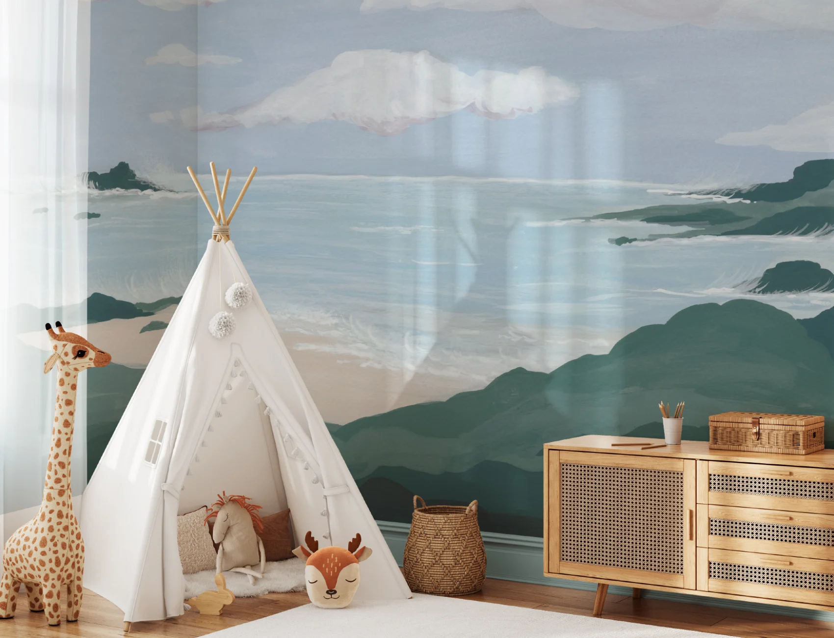 Blue Coastal Landscape Calming Beach Mural