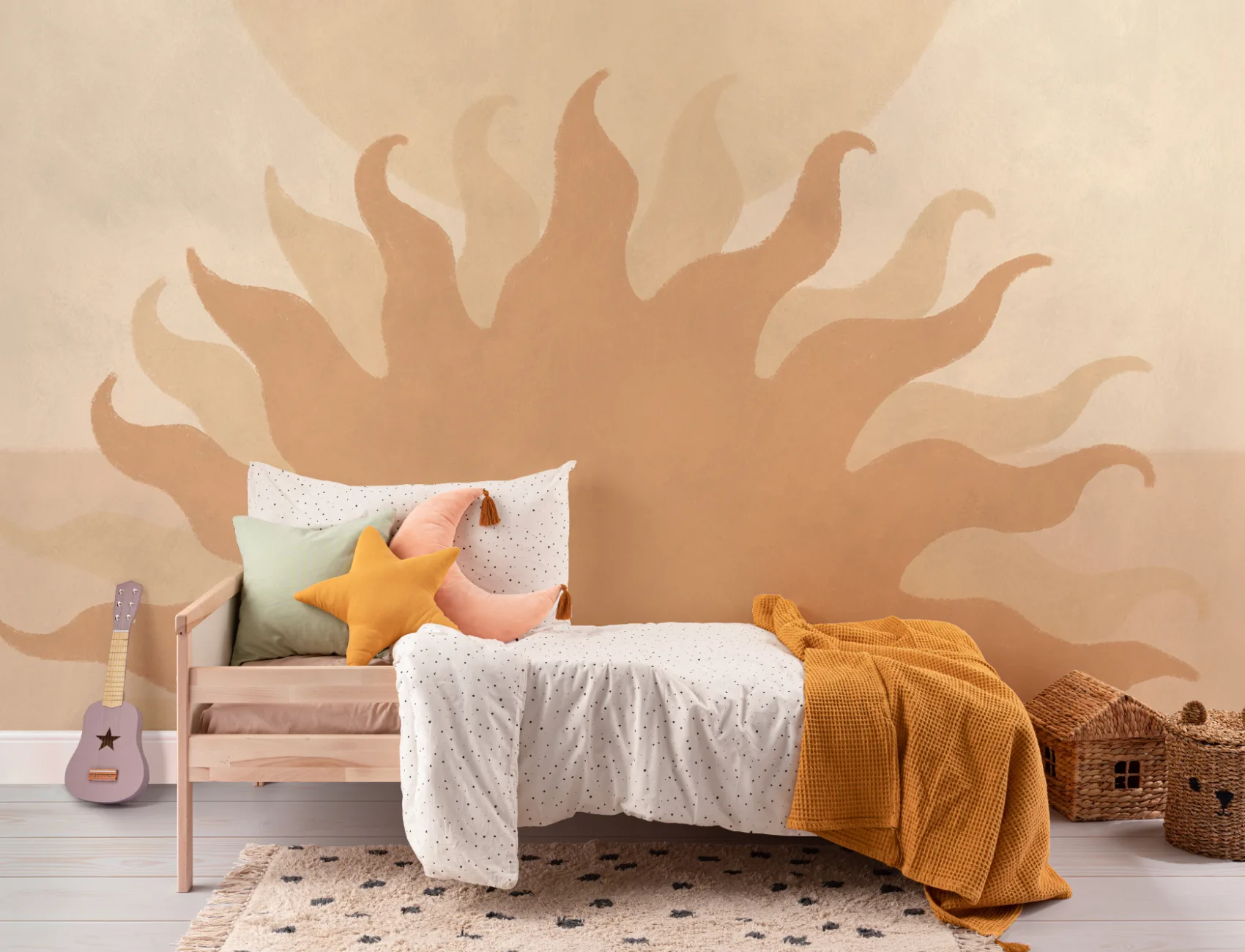 Beige boho fototapet med solstrålemønster i naturstil