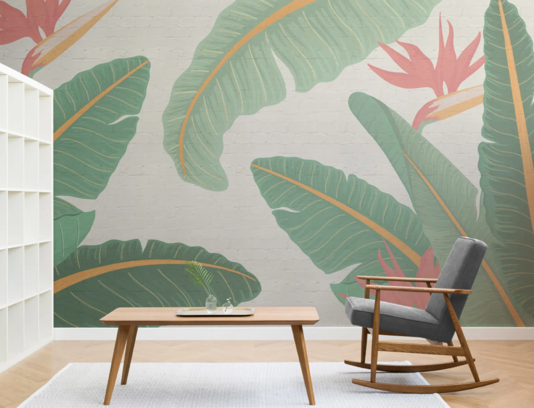 Biophilic Banana Leaf and Brick Wallpaper Mural