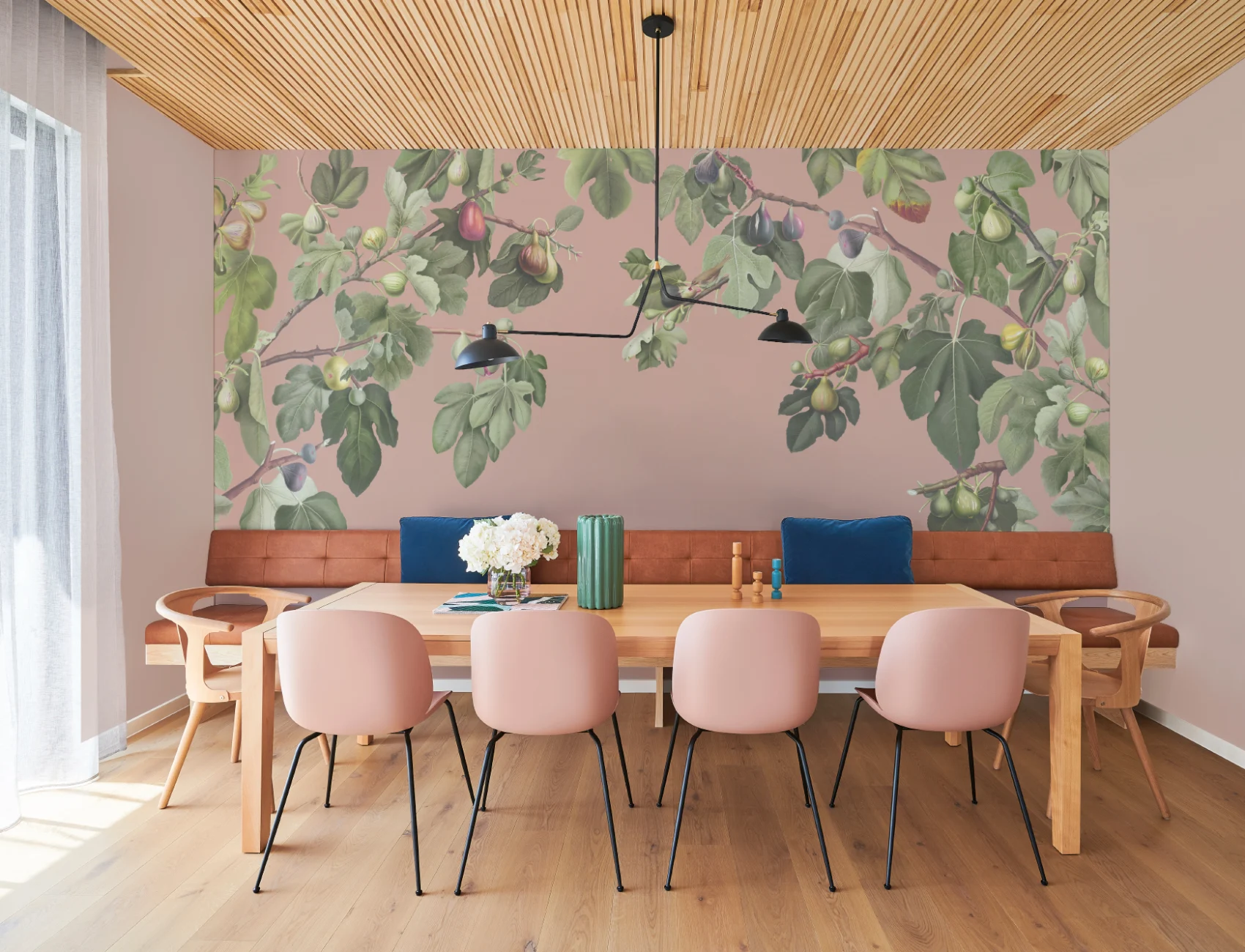 Vintage Fig Plant Botanical Illustration Wall Mural on Pink Background
