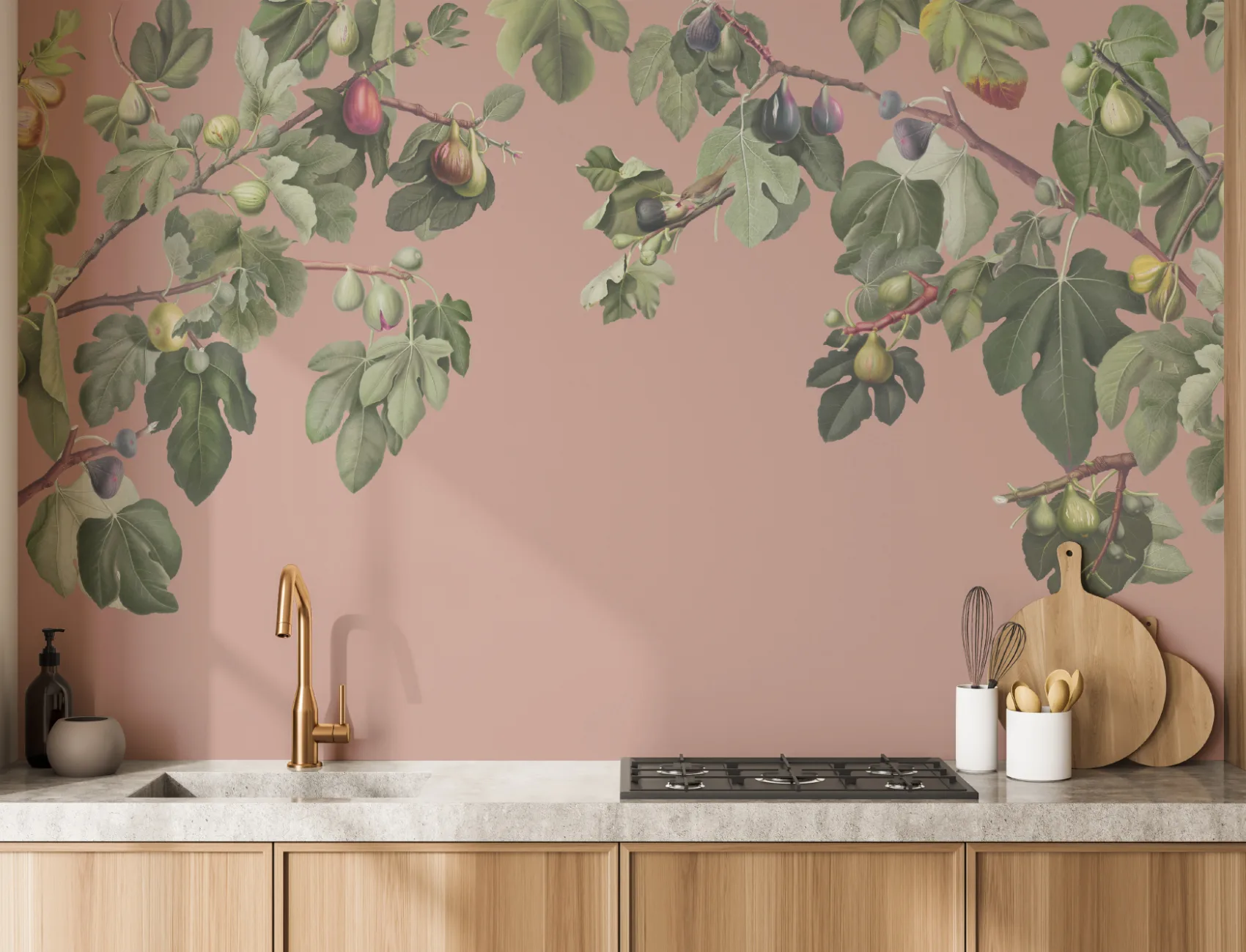 Vintage Fig Plant Botanical Illustration Wall Mural on Pink Background