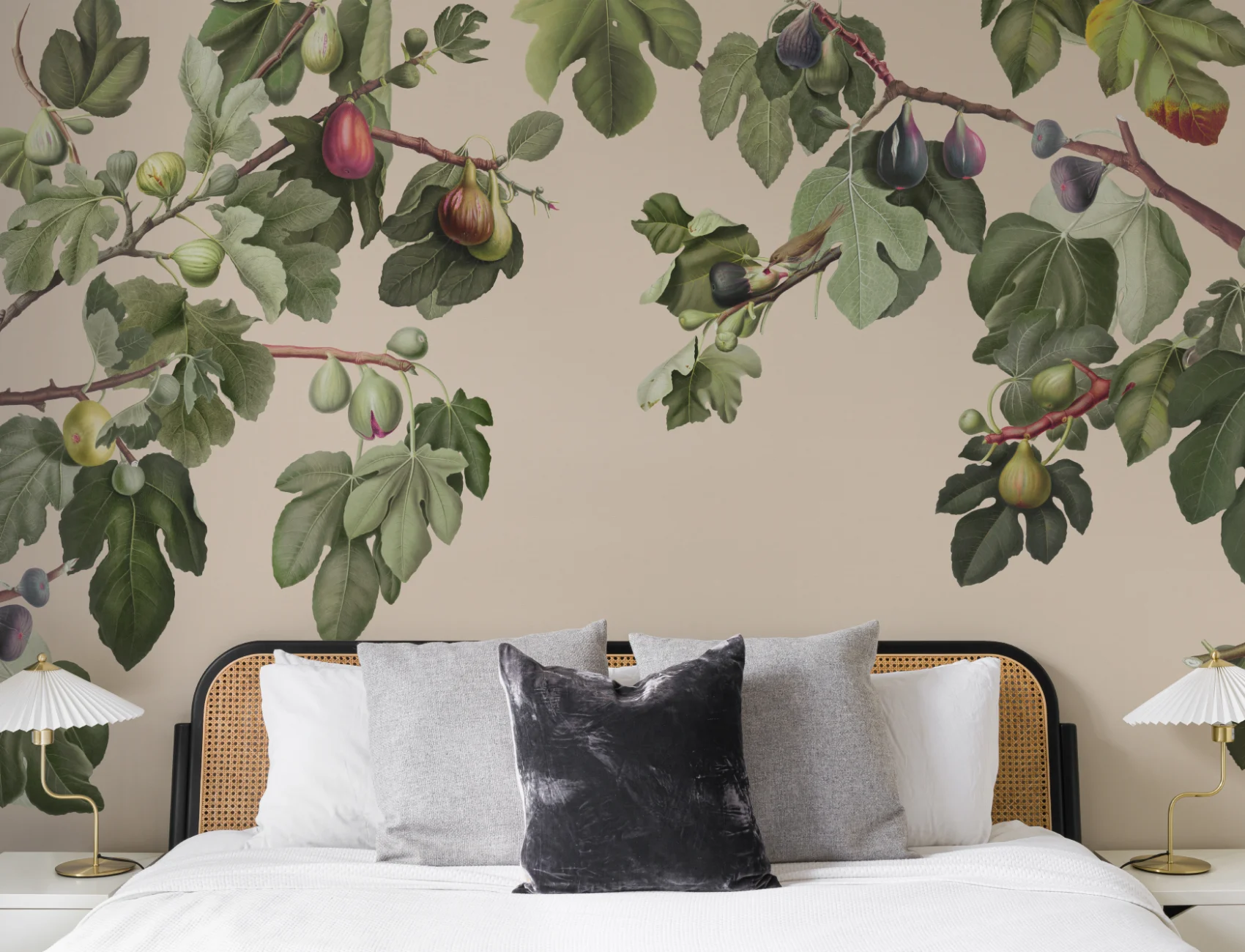 Vintage Fig Plant Botanical Illustration Wall Mural on Neutral Beige Background