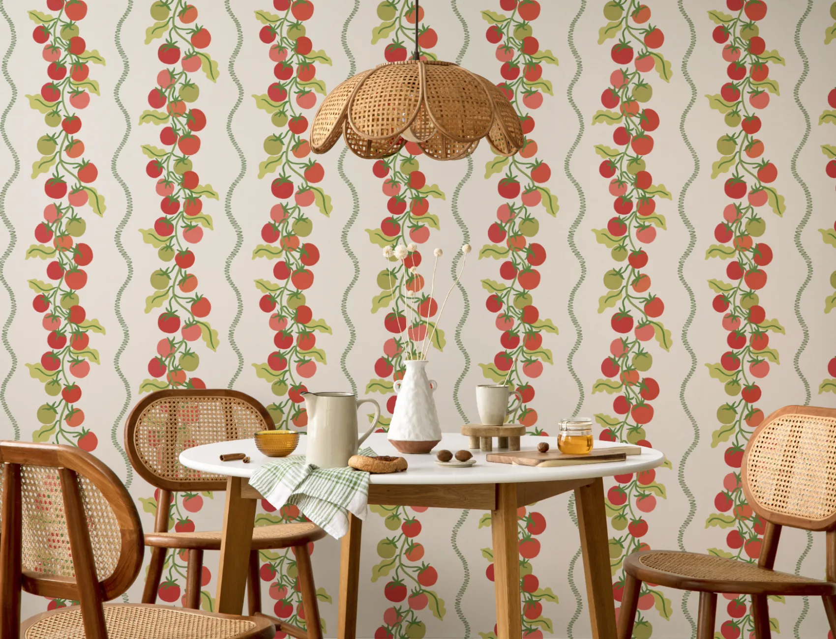 Beige, botanisk, stribet fototapet med vinranker og tomater