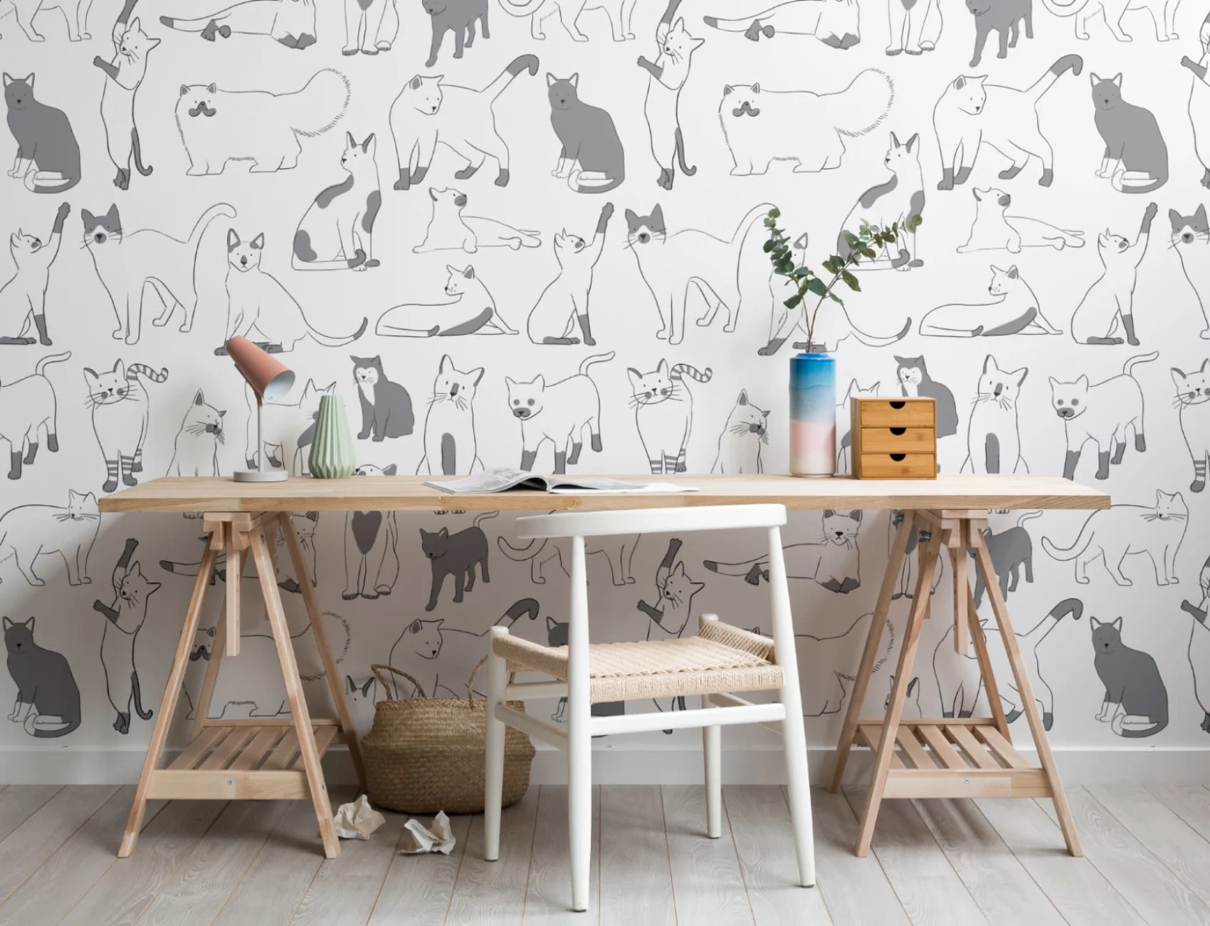 Grey & White Cool Cat Pattern Wallpaper Mural