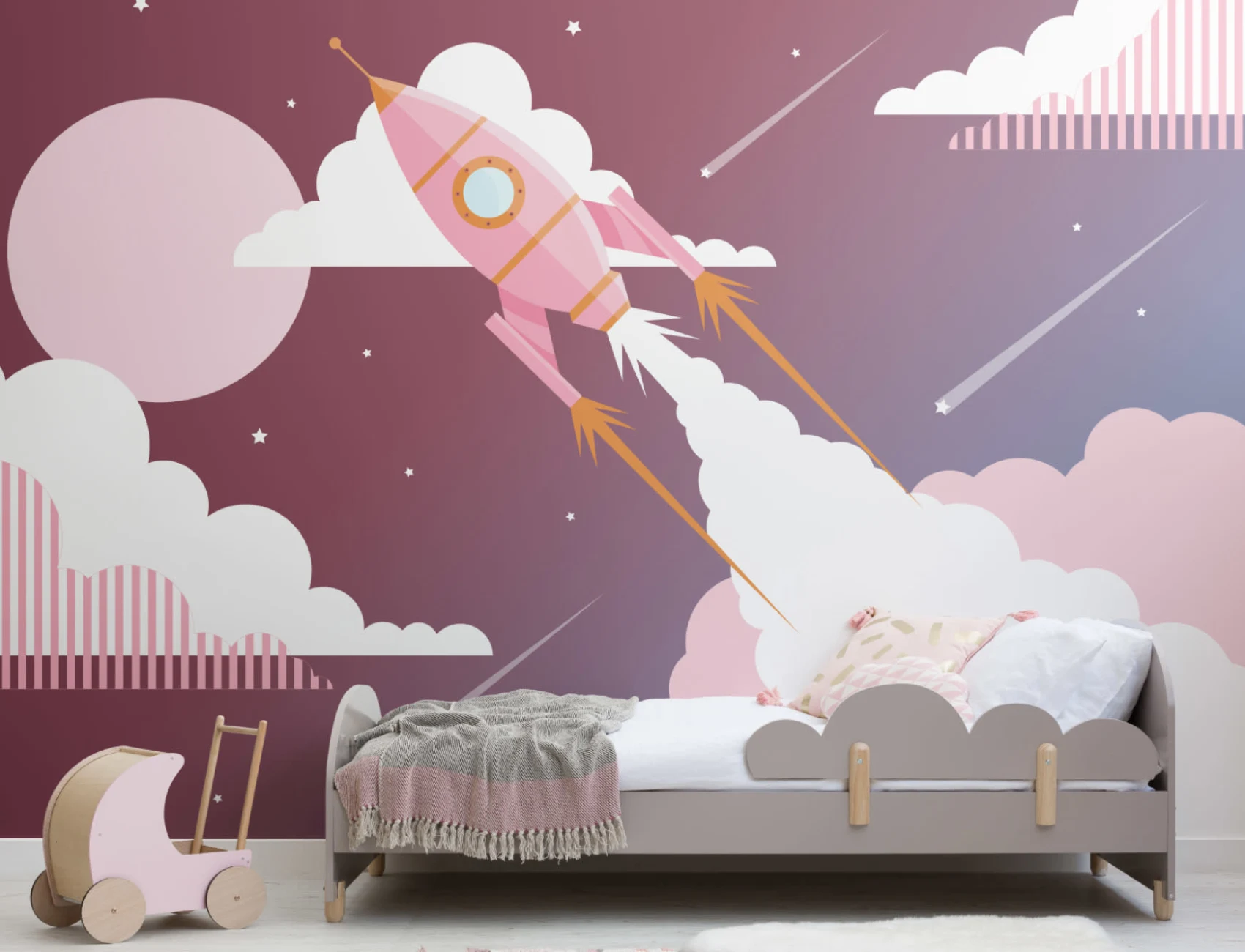 Mural Papel Pintado Niños Cohete Espacial Rosa