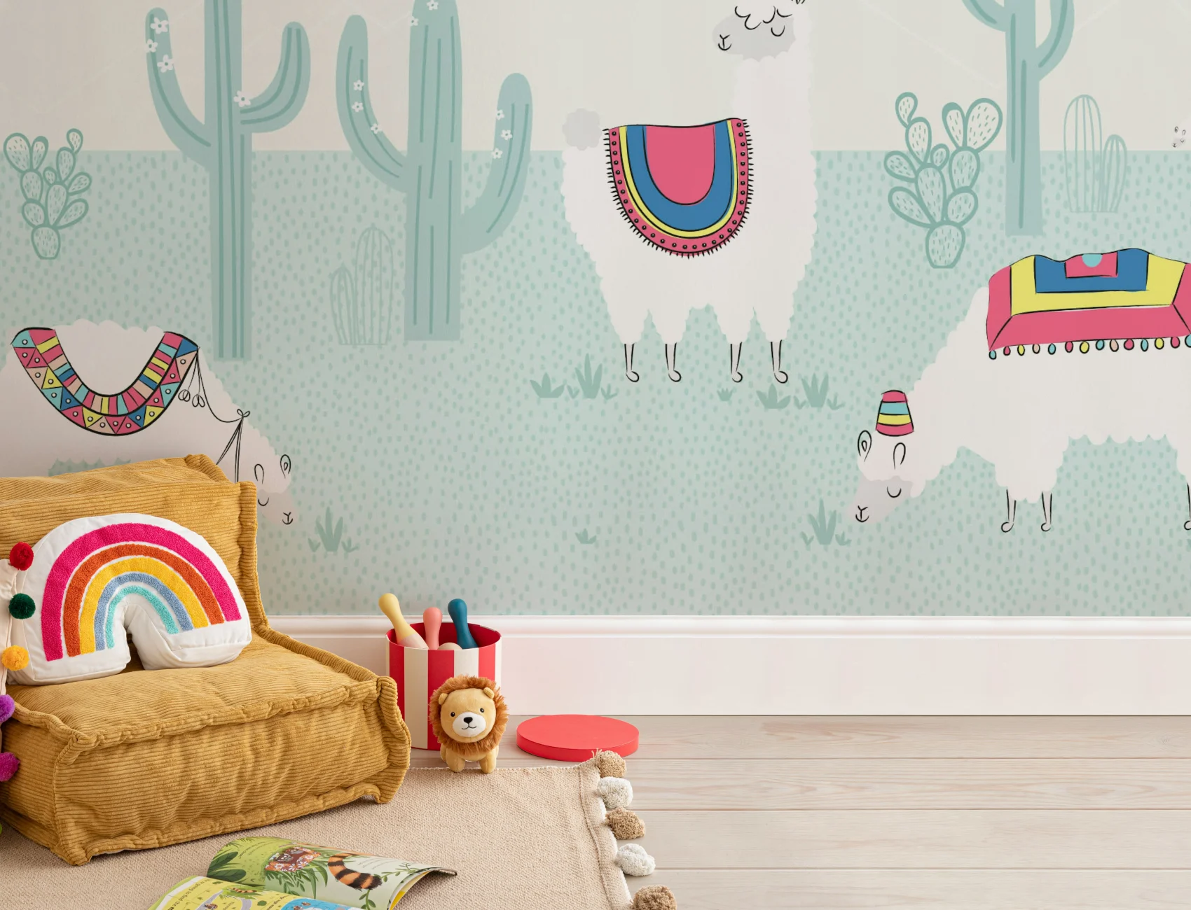 Cool albastru Exotic Llama Cactus Wallpaper Mural