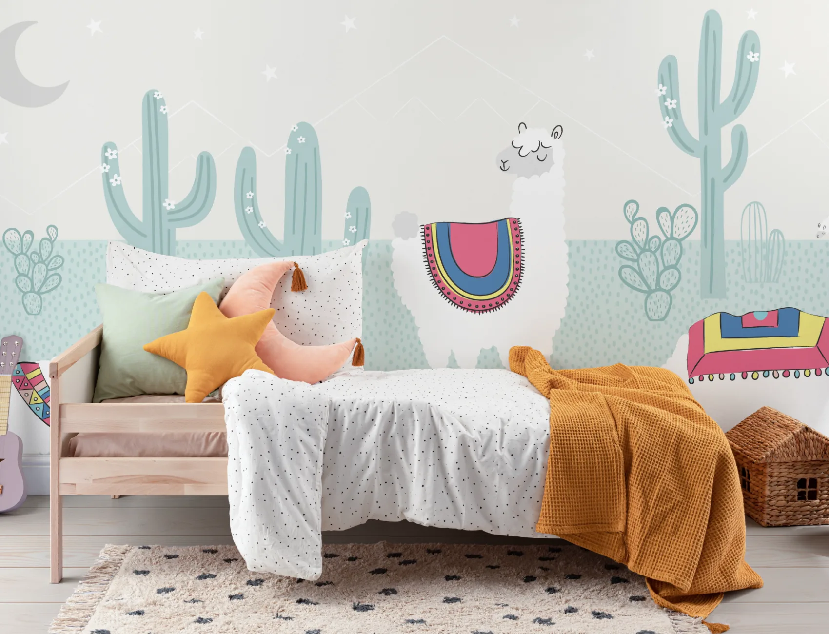 Cool albastru Exotic Llama Cactus Wallpaper Mural