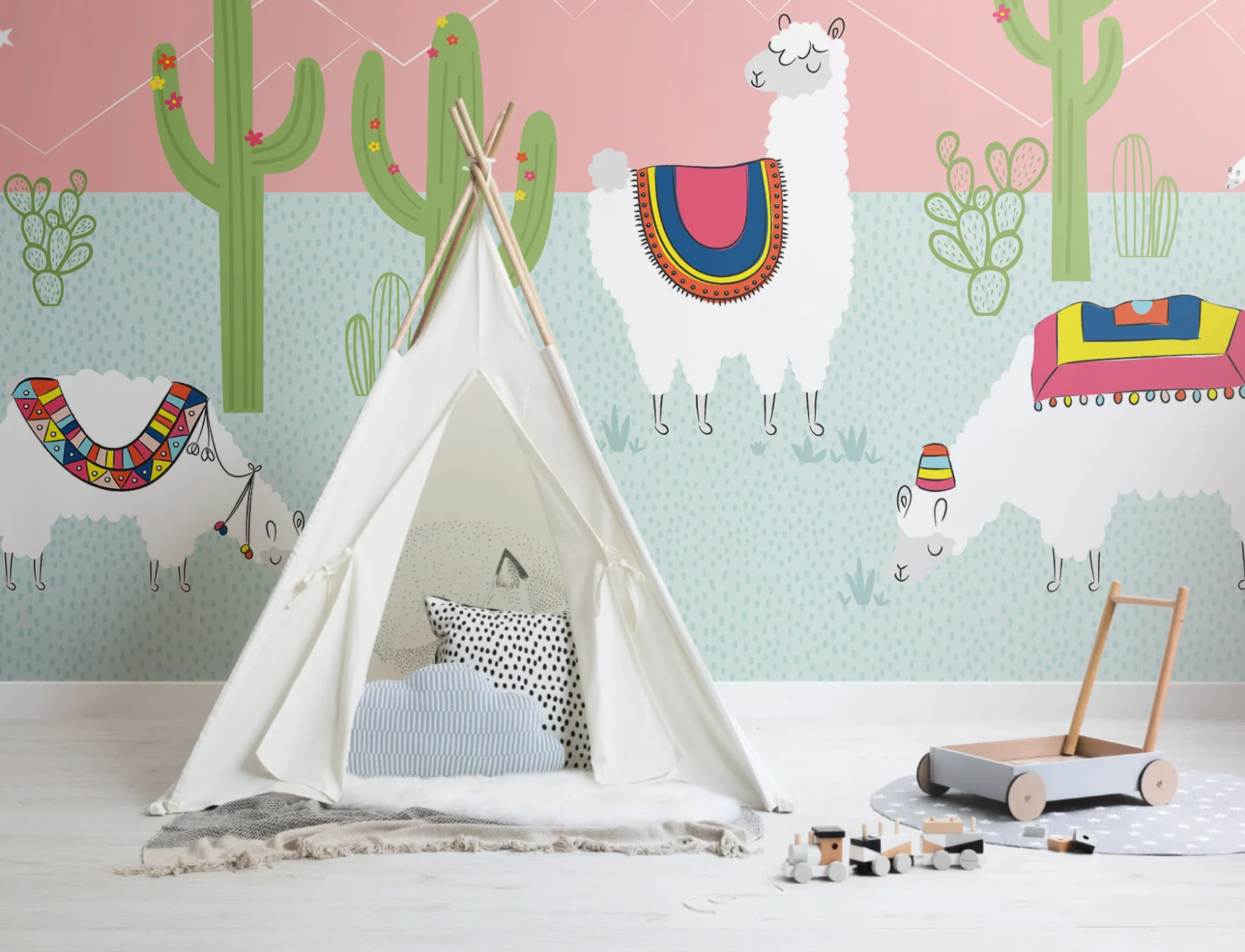 Cool Pink Exotic Llama Cactus Wallpaper Mural