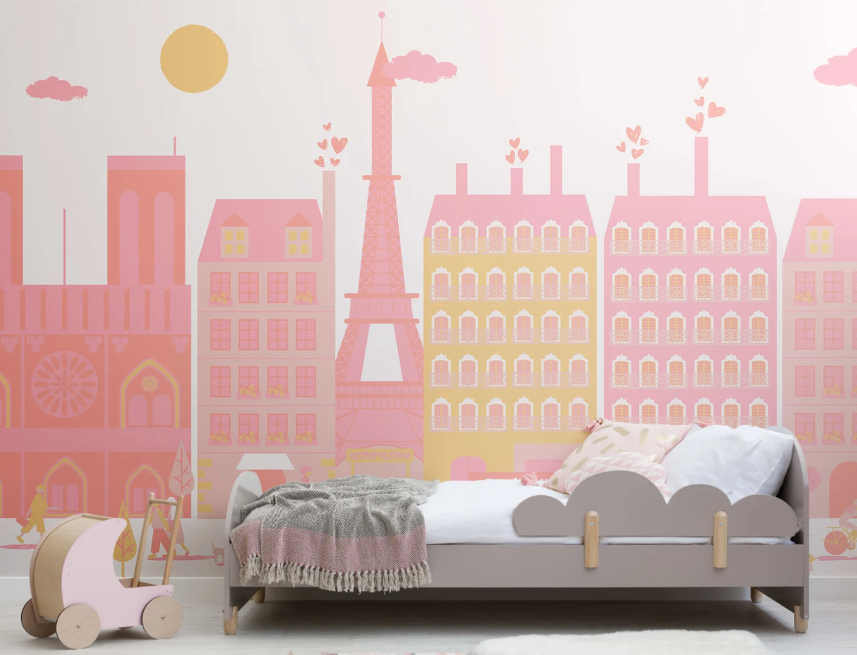 Carta da Parati Rosa con Parigi Illustrata