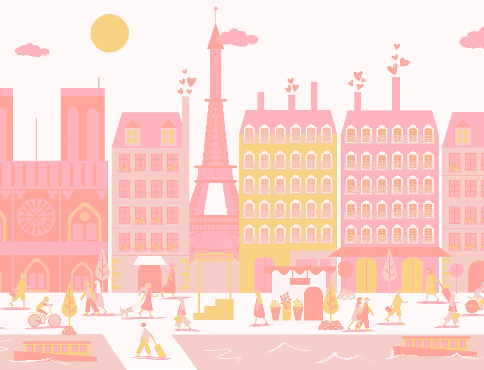 Carta da Parati Rosa con Parigi Illustrata