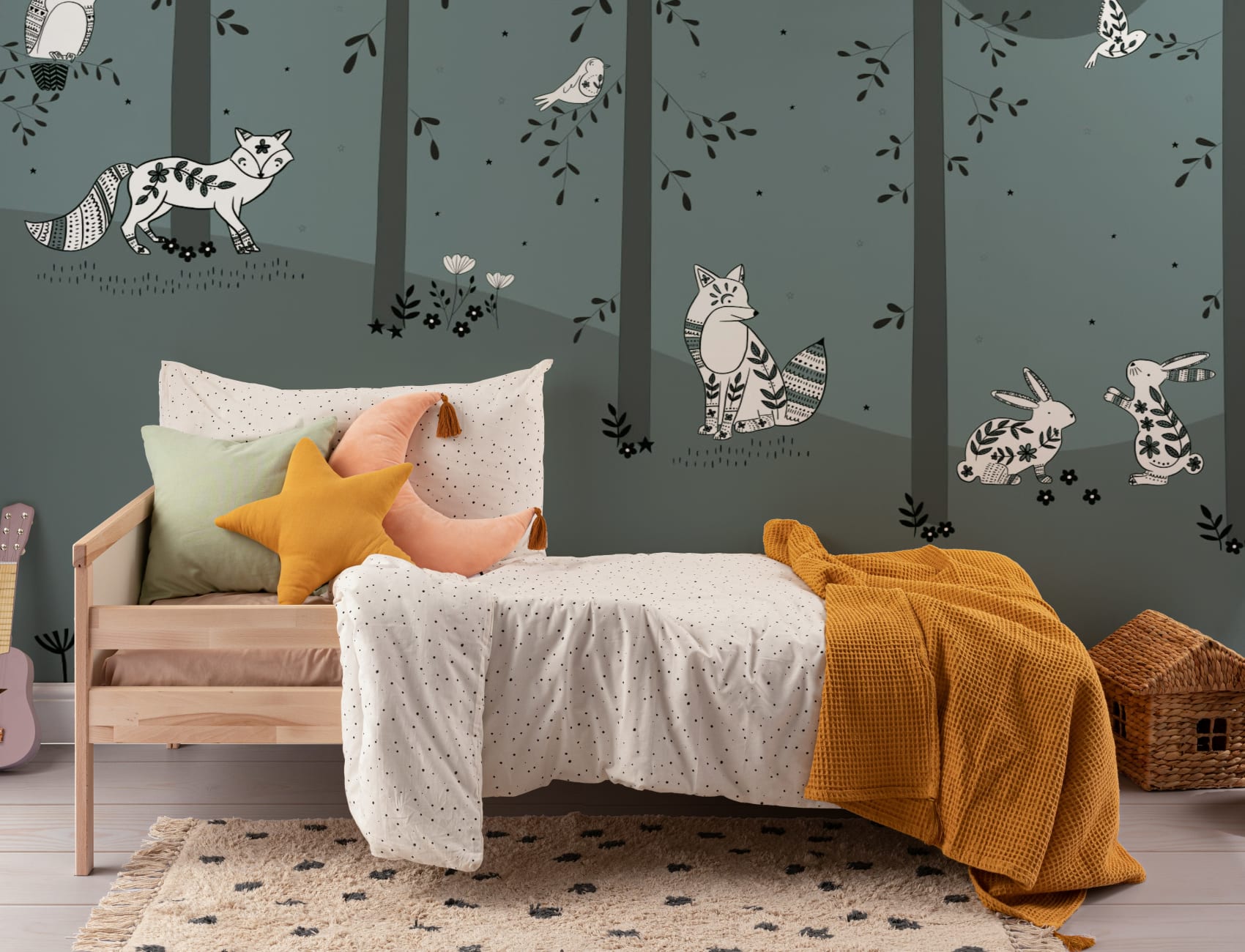 Papier Peint Panoramique Pour Enfant avec Forêt Vert et Animaux