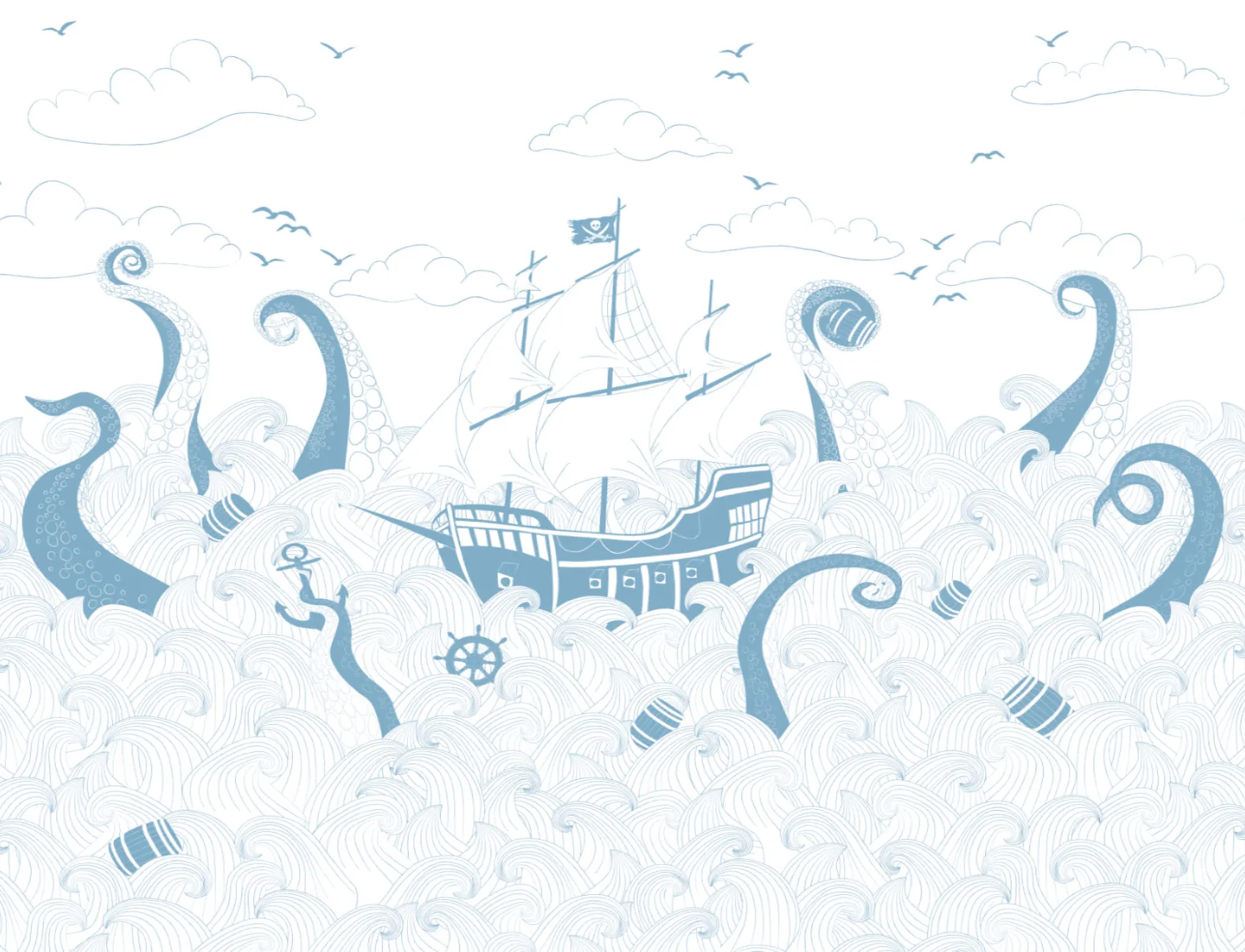Albastru și alb Pirate Ship Wallpaper Mural