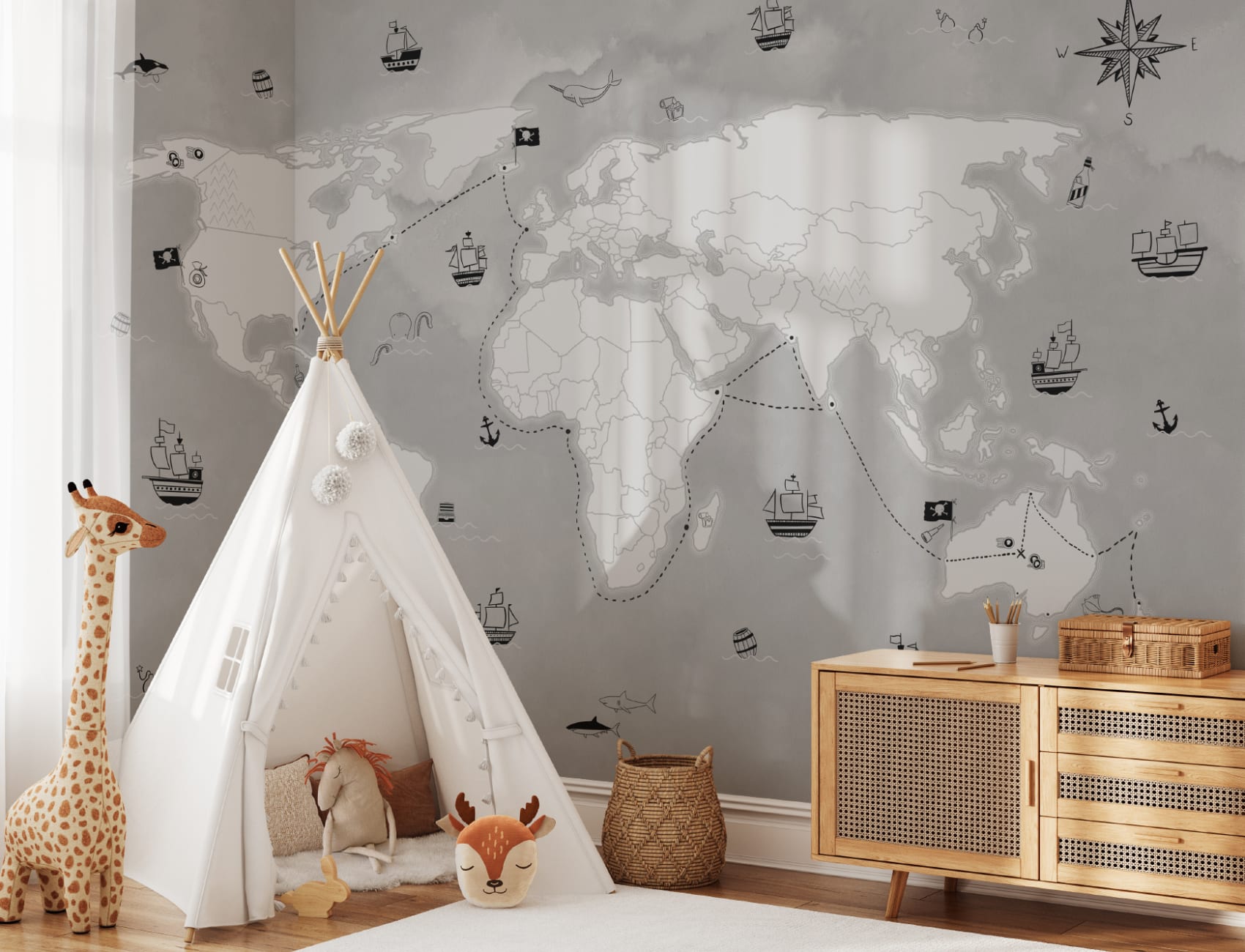 Gray Kids Pirate Treasure Map Wallpaper Mural