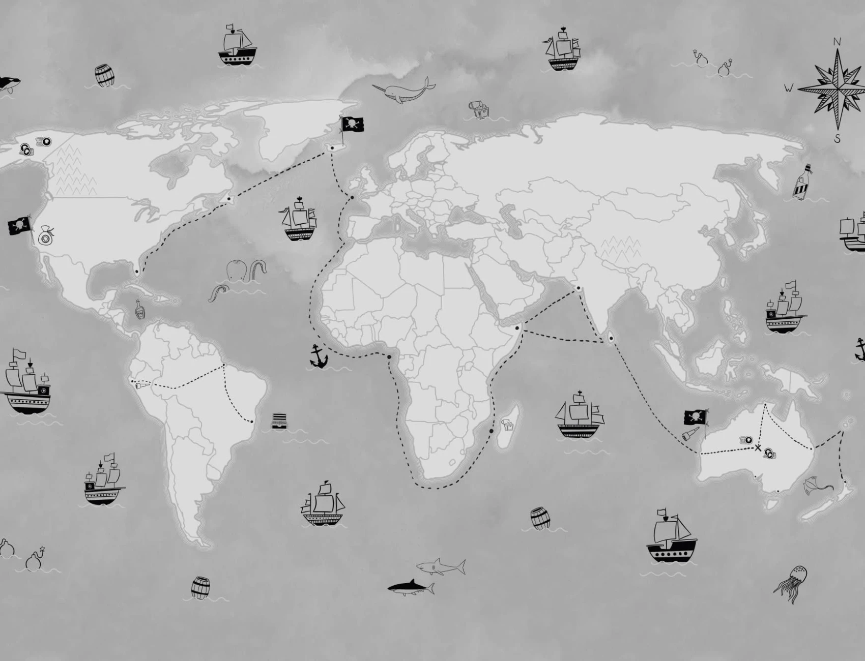 Gray Kids Pirate Treasure Map Wallpaper Mural