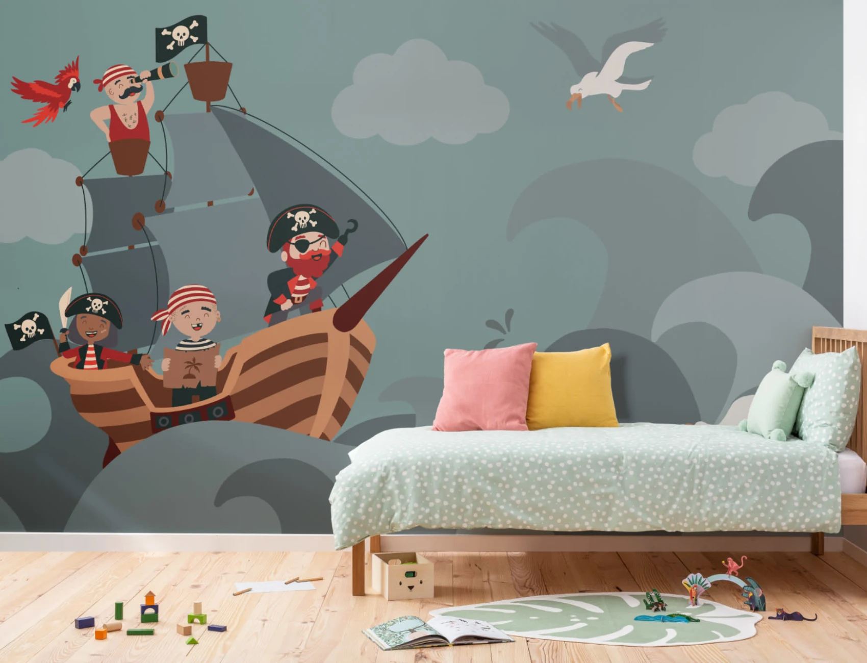 Children’s Illustrated Cartoon Pirate Ship Wallpaper Mural