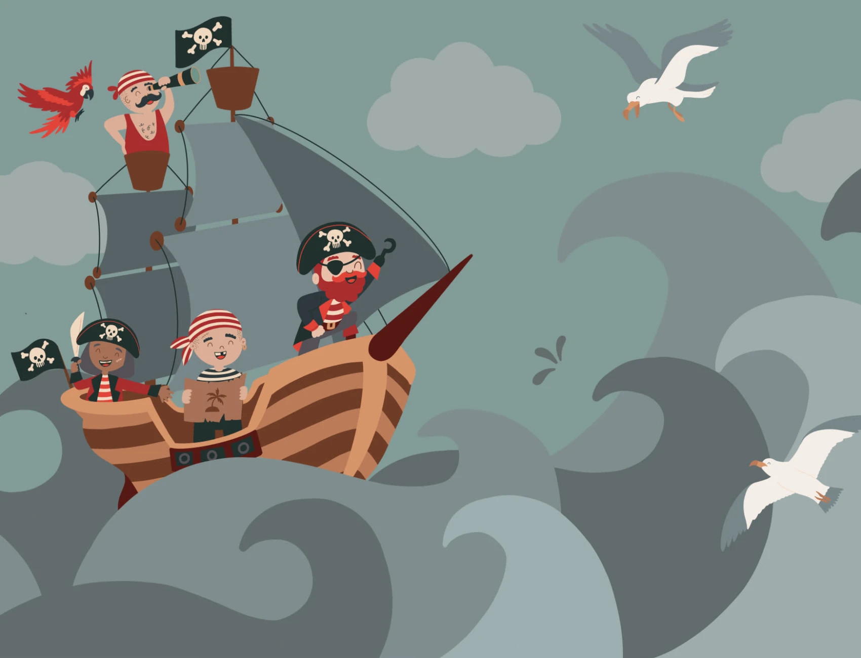 Children’s Illustrated Cartoon Pirate Ship Wallpaper Mural