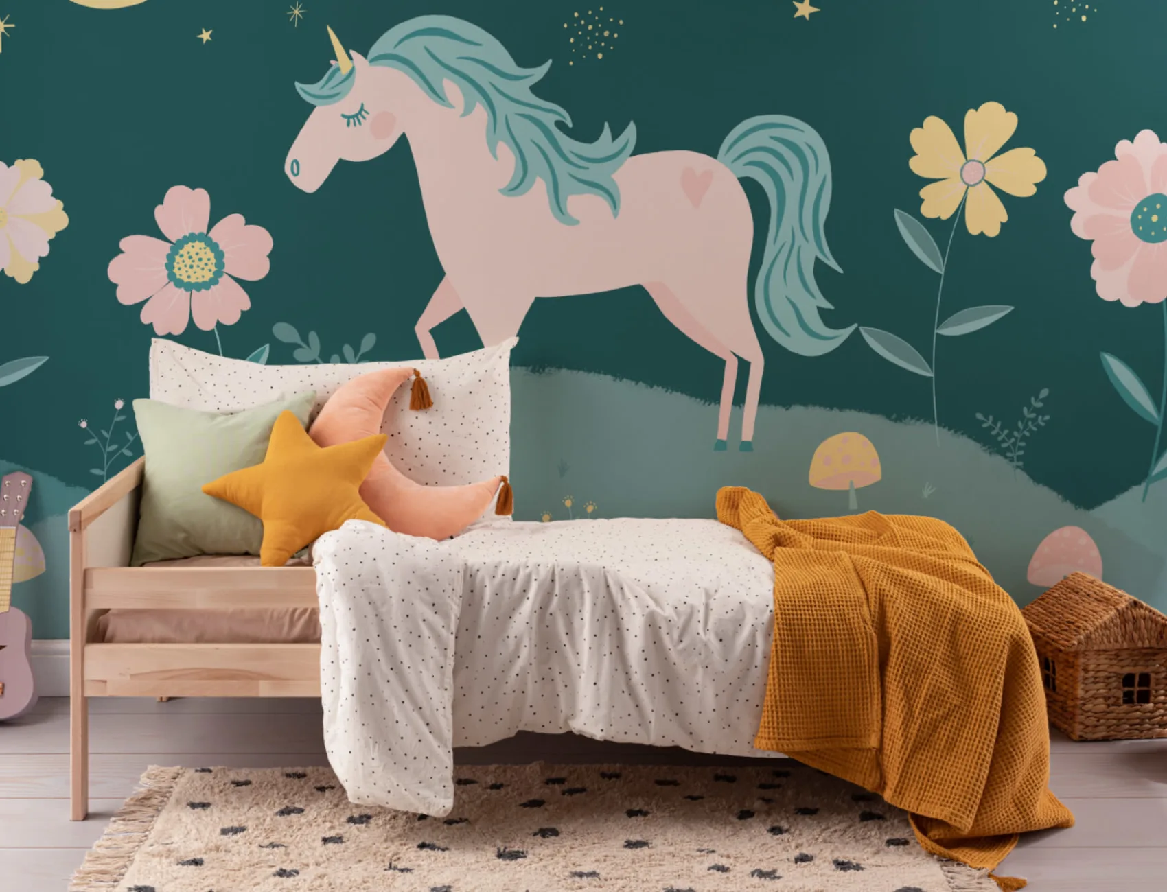 Night Sky & Flowers Unicorn Wallpaper Mural