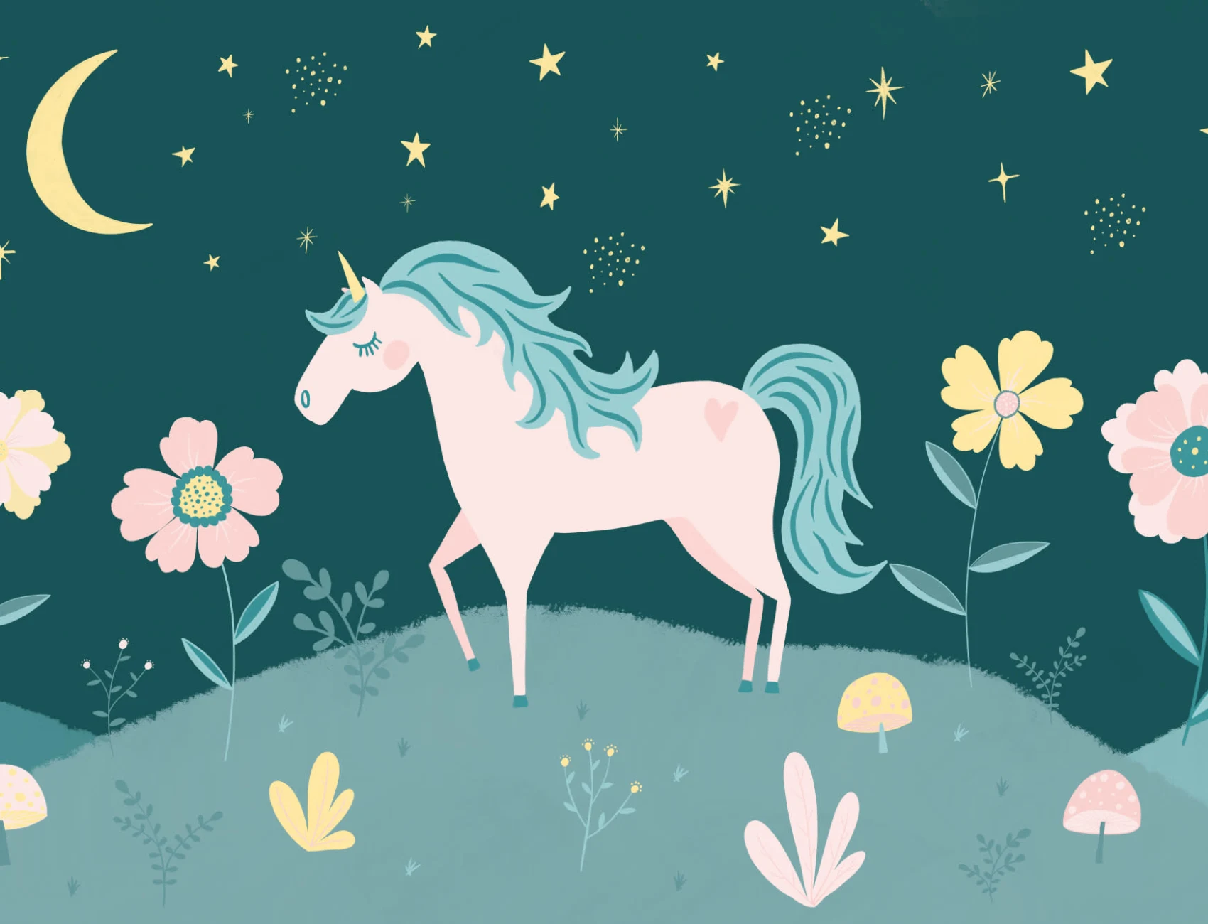 Night Sky & Flowers Unicorn Wallpaper Mural