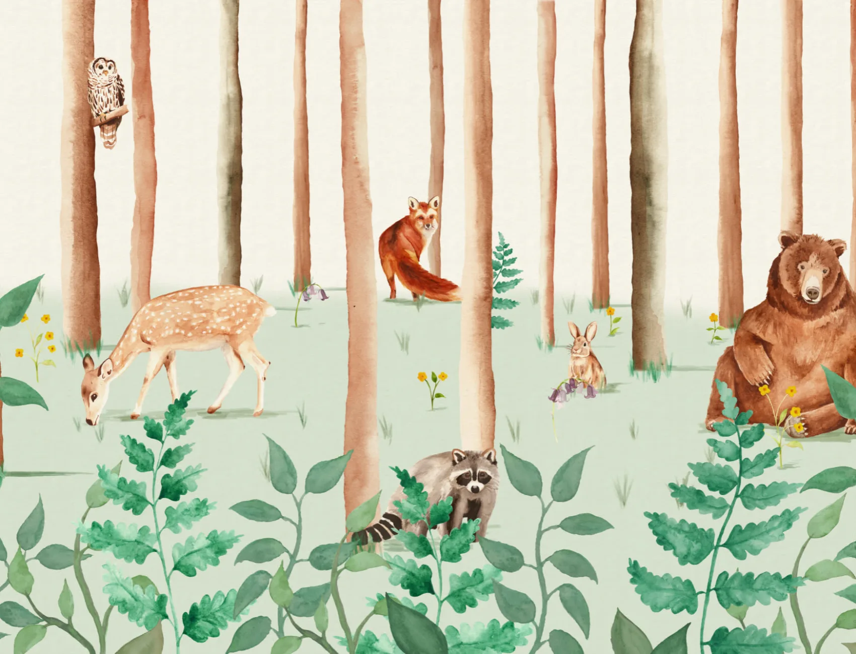 Watercolor Woodland Animals Wallpaper Mural