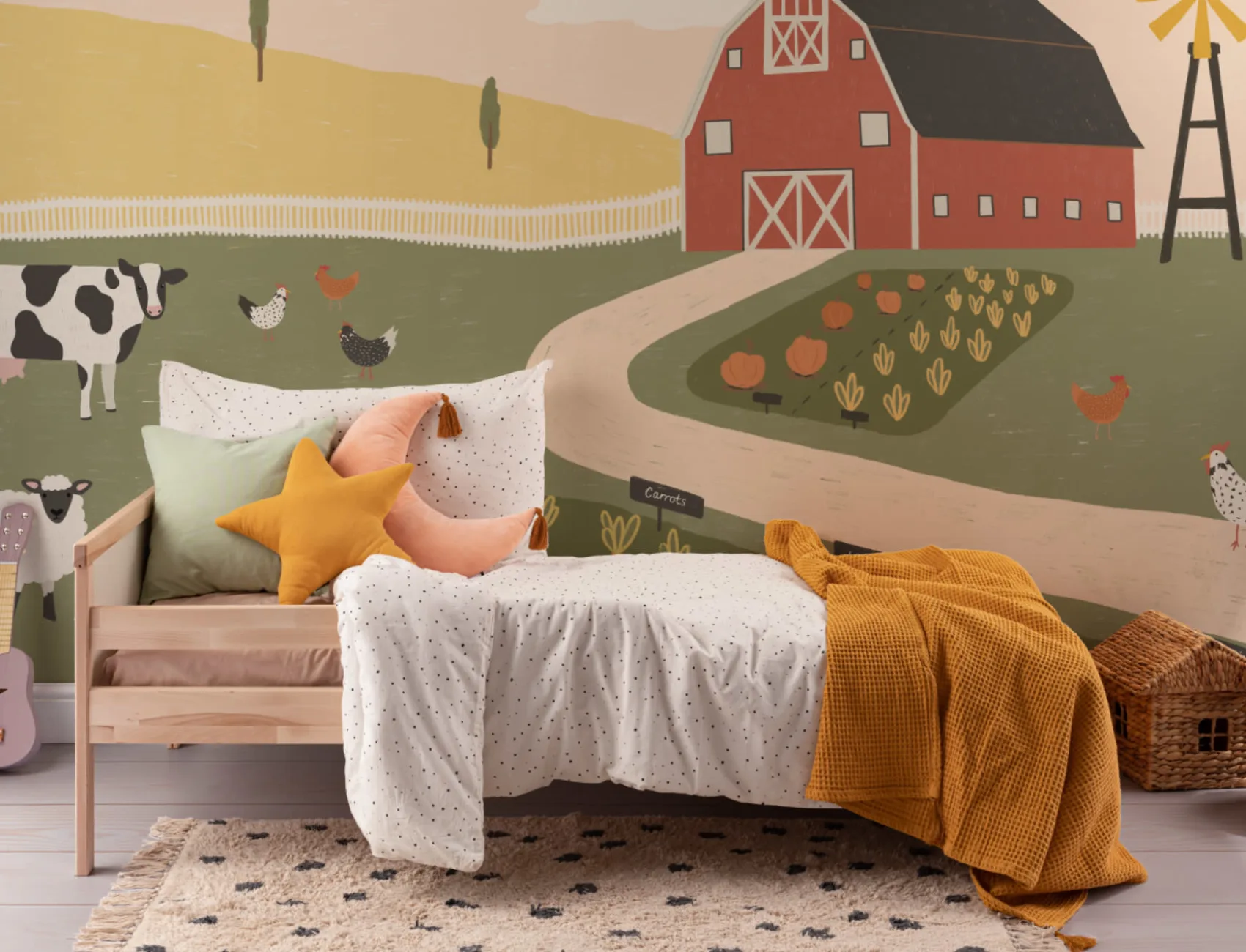 Carta da Parati Bambini con Casa di Campagna Colorata Illustrata
