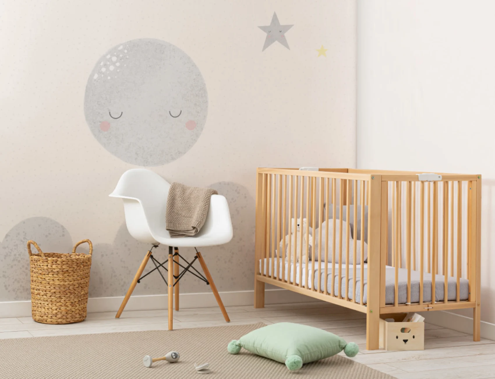 Carta da Parati Chiara per Bambini a Cielo con Luna e Nuvole