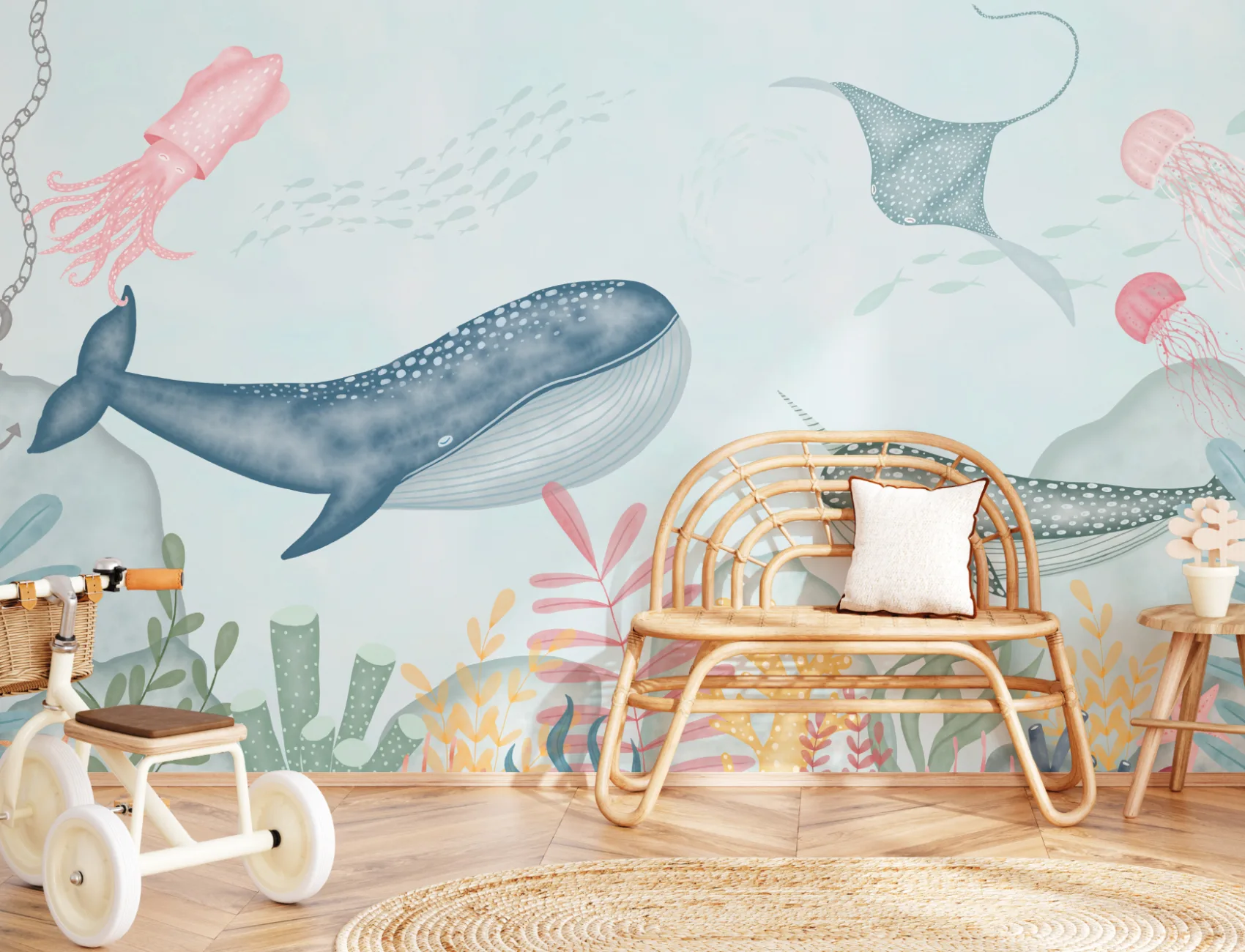 Kids Underwater Ocean Scene Watercolor Wallpaper Mural