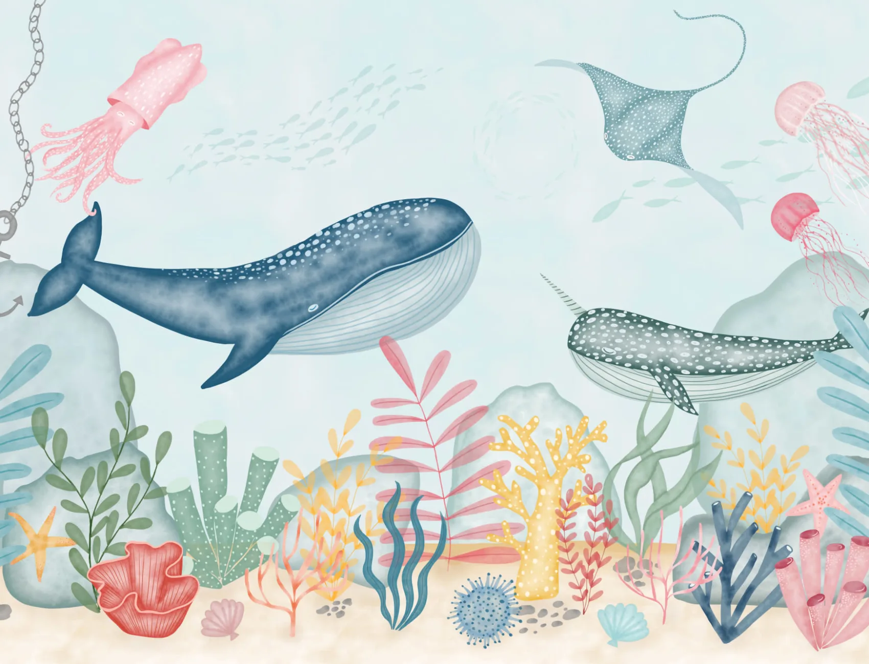 Kids Underwater Ocean Scene Watercolor Wallpaper Mural