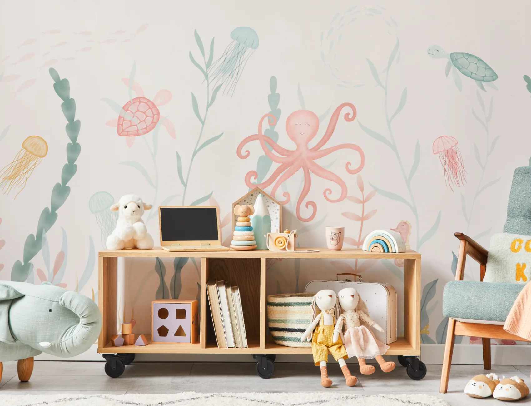 Painted Underwater Sea Life Scene Pastel Watercolor Wallpaper Mural