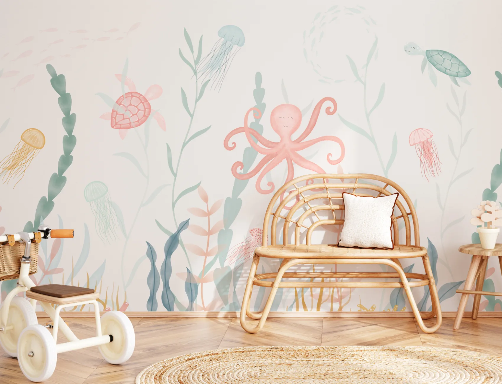 Painted Underwater Sea Life Scene Pastel Watercolor Wallpaper Mural