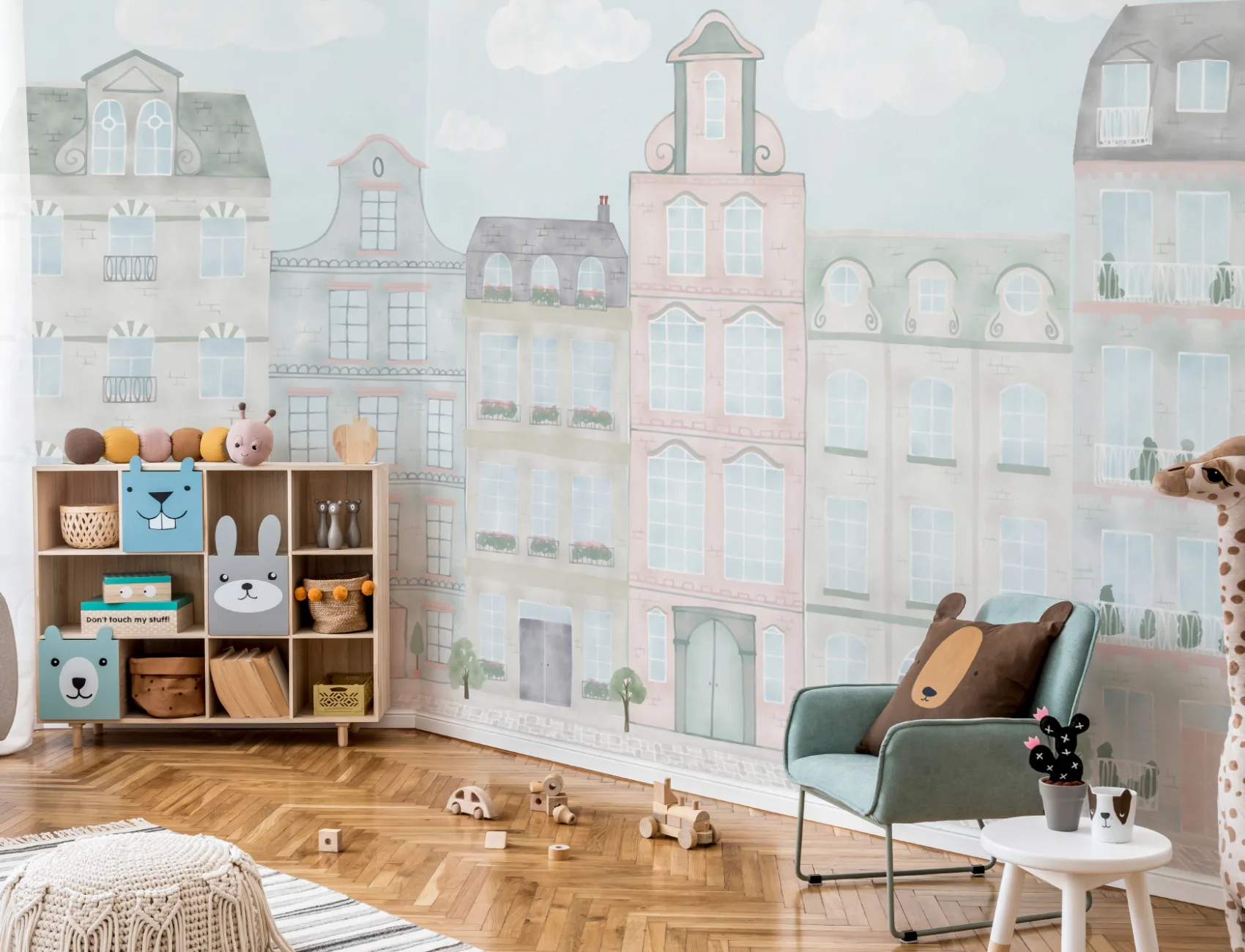 Aquarell Fototapete mit Stadt-Häuserreihe für Kinder in Pastell