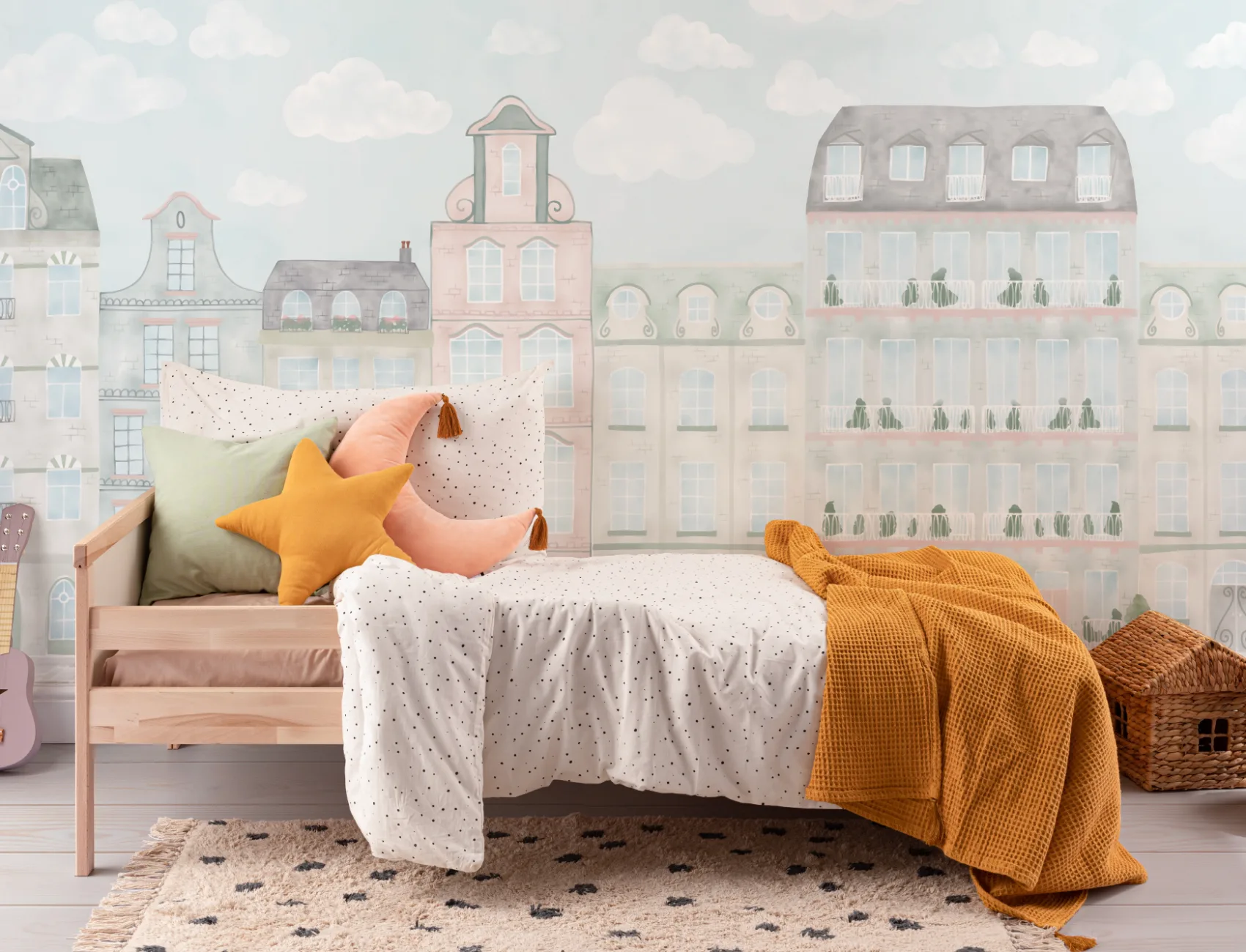 Aquarell Fototapete mit Stadt-Häuserreihe für Kinder in Pastell