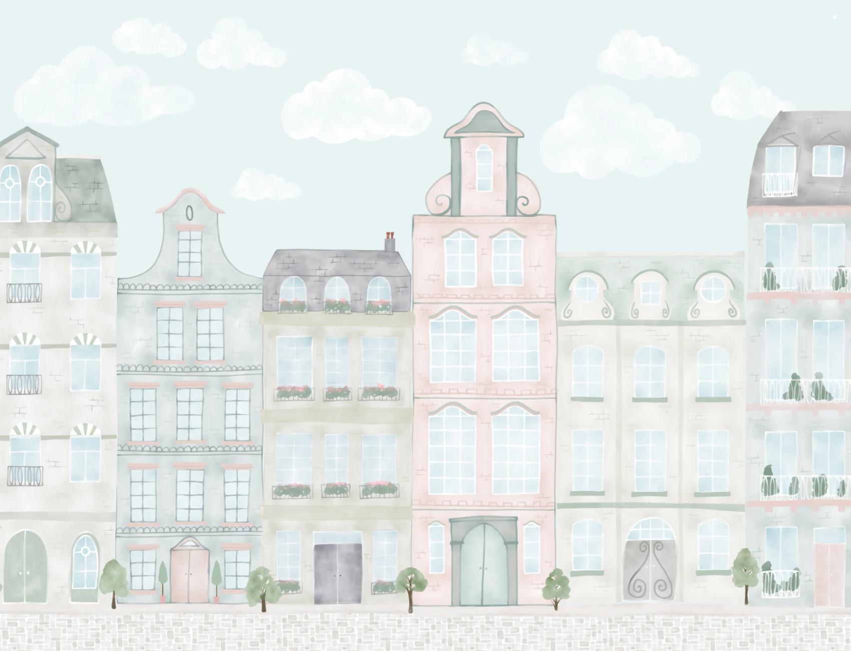 Aquarell Fototapete mit Stadt-Häuserreihe für Kinder in Pastell