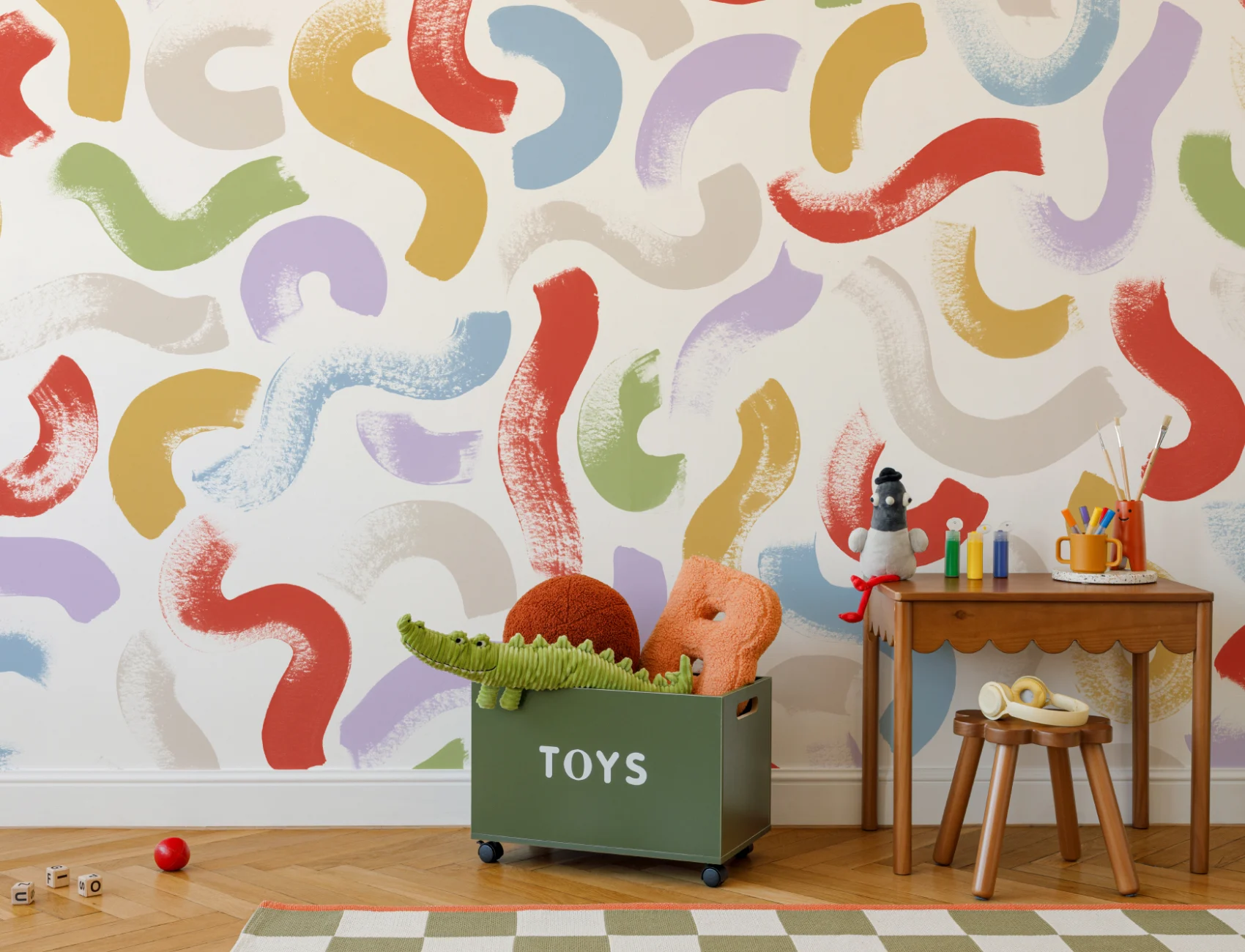 Hand-Painted Wiggle Shapes Wall Mural in Multi-Colored Tones