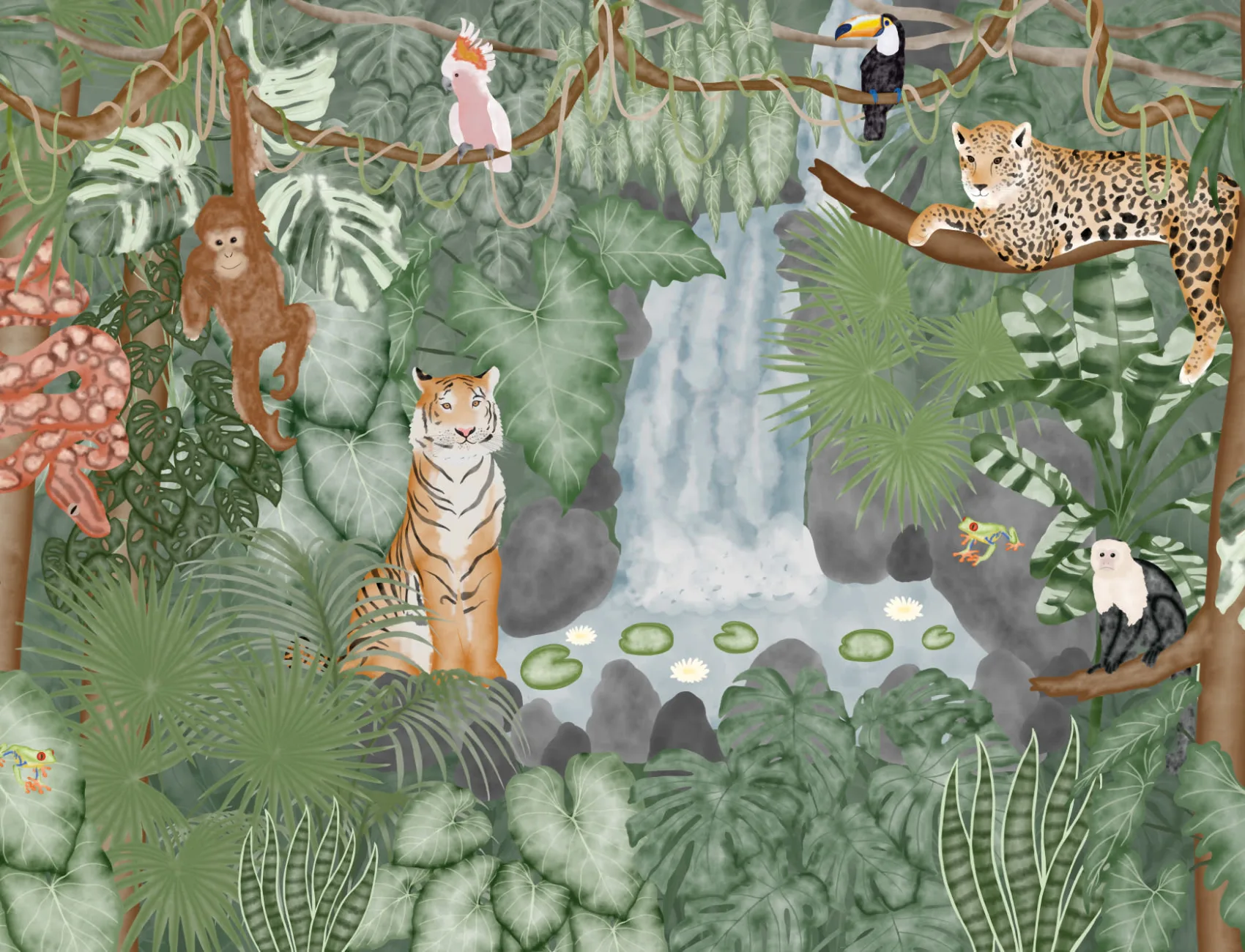 Watercolor Jungle Animals Wallpaper Mural