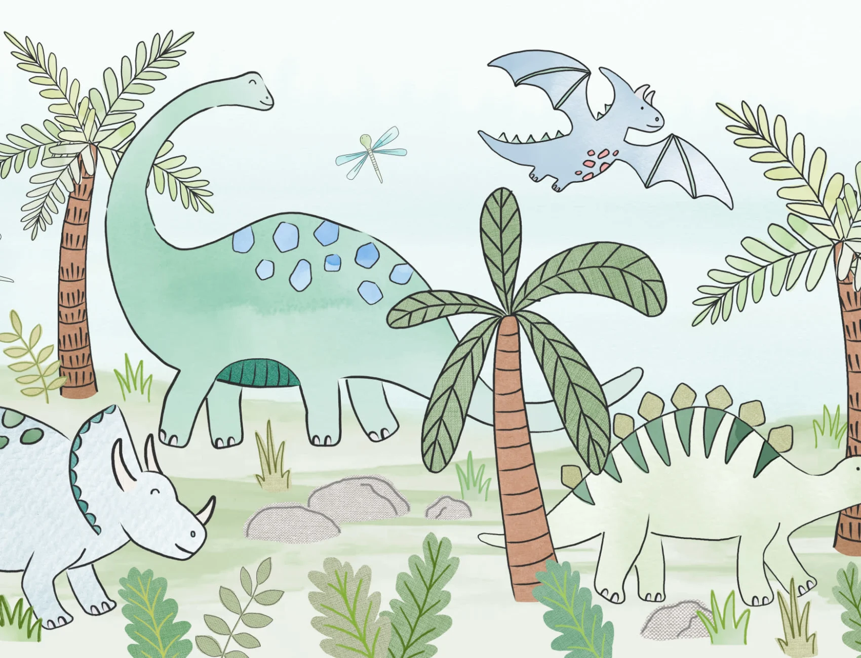 Sweet Dinosaurs and Trees Repeat Pattern Wall Mural