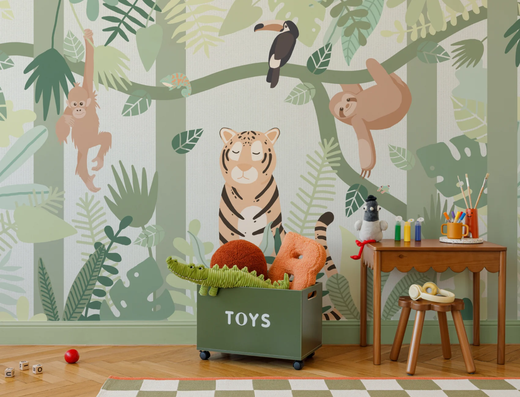 Papier peint panoramique des amis des animaux de la jungle verte pour enfants