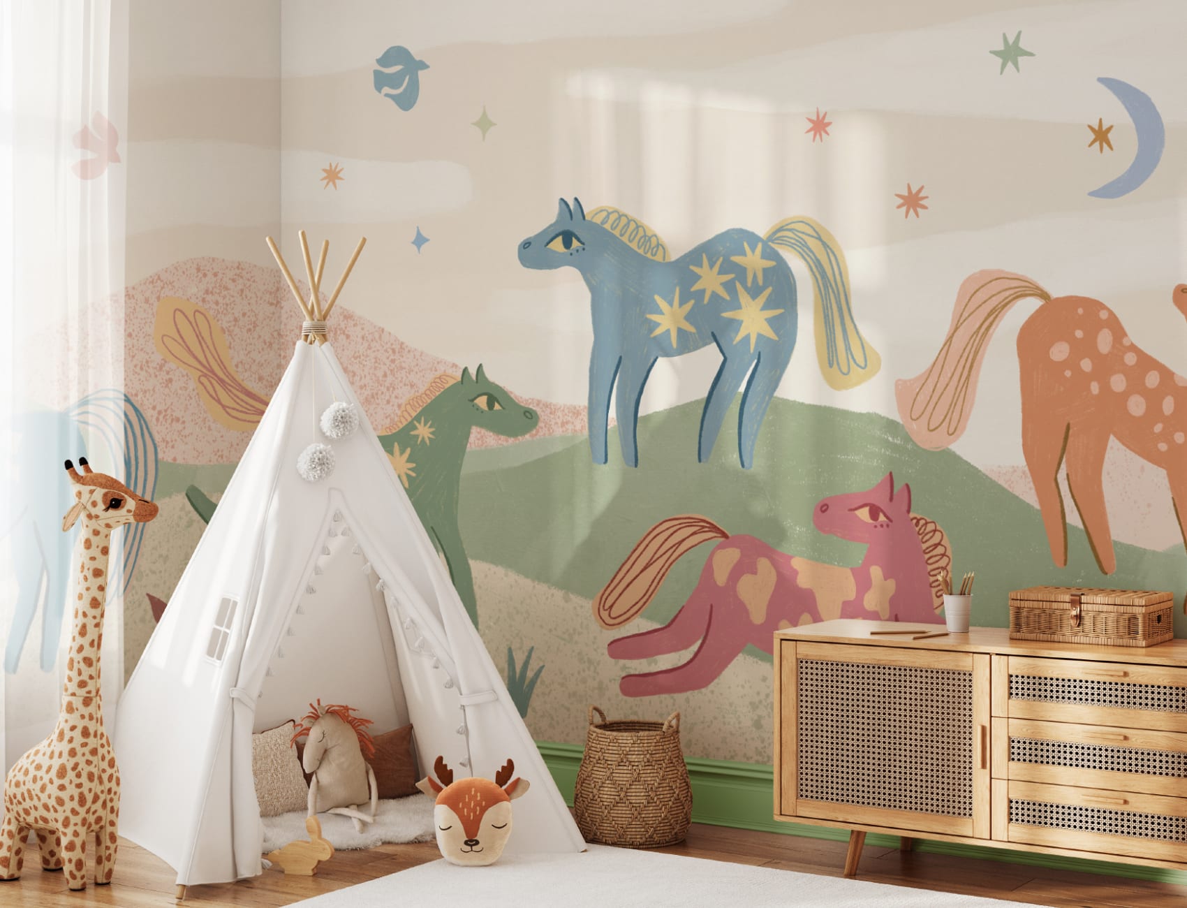Multicolor Celestial Fantasy Kids' Horse Adventure Mural