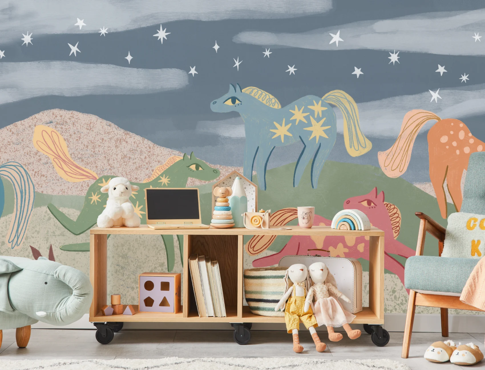 Kids' Multicolor Fantasy Horse Adventure Mural