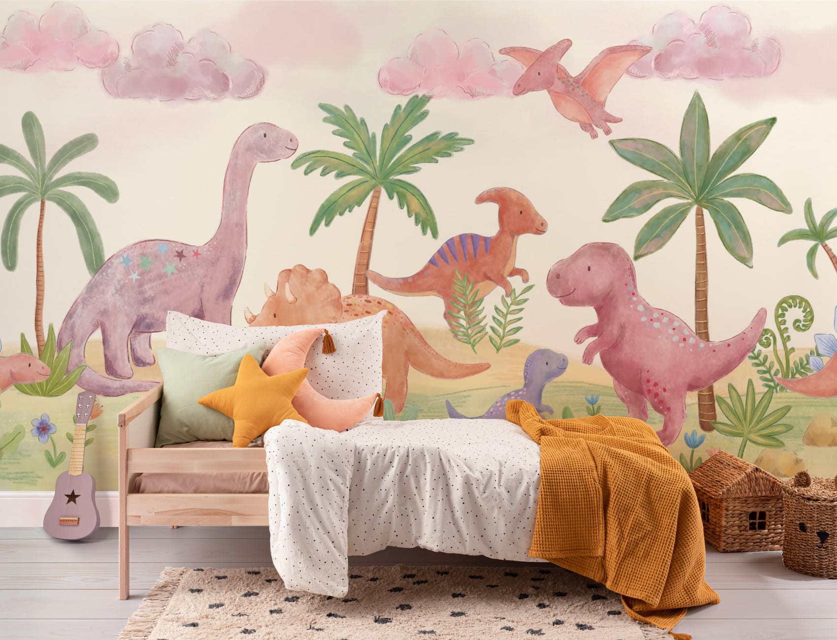 Pastelkleurige dinosaurusmuurschildering voor kinderen voor een vrolijk avontuur