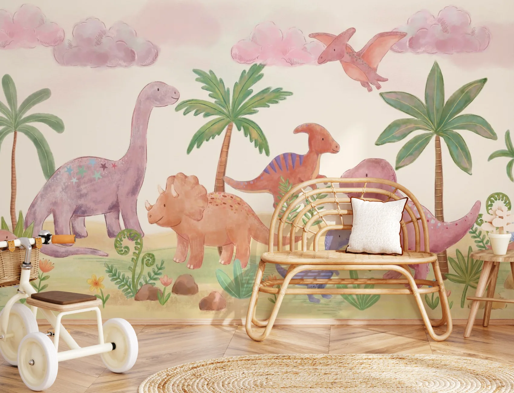 Pastelkleurige dinosaurusmuurschildering voor kinderen voor een vrolijk avontuur