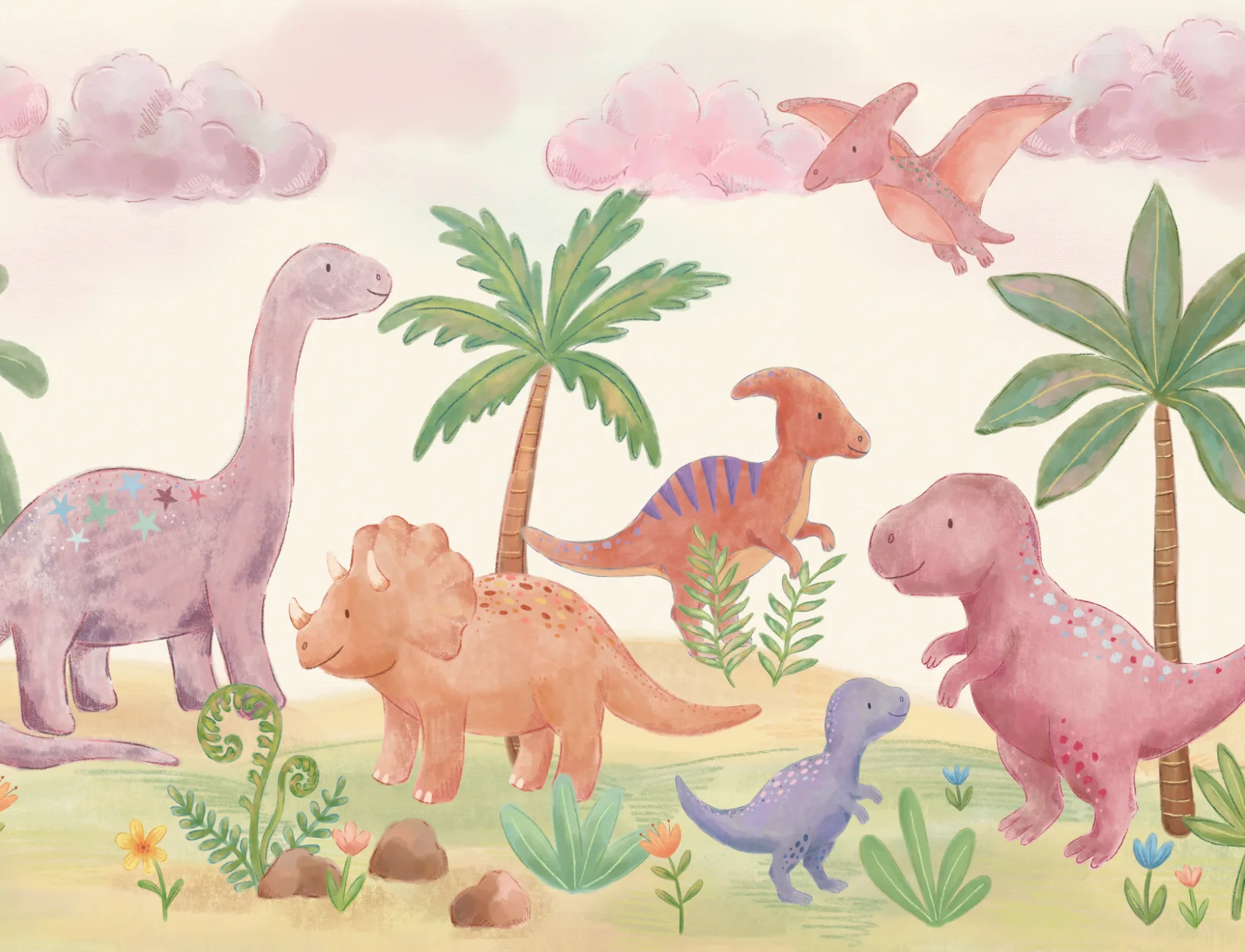 Pastelkleurige dinosaurusmuurschildering voor kinderen voor een vrolijk avontuur
