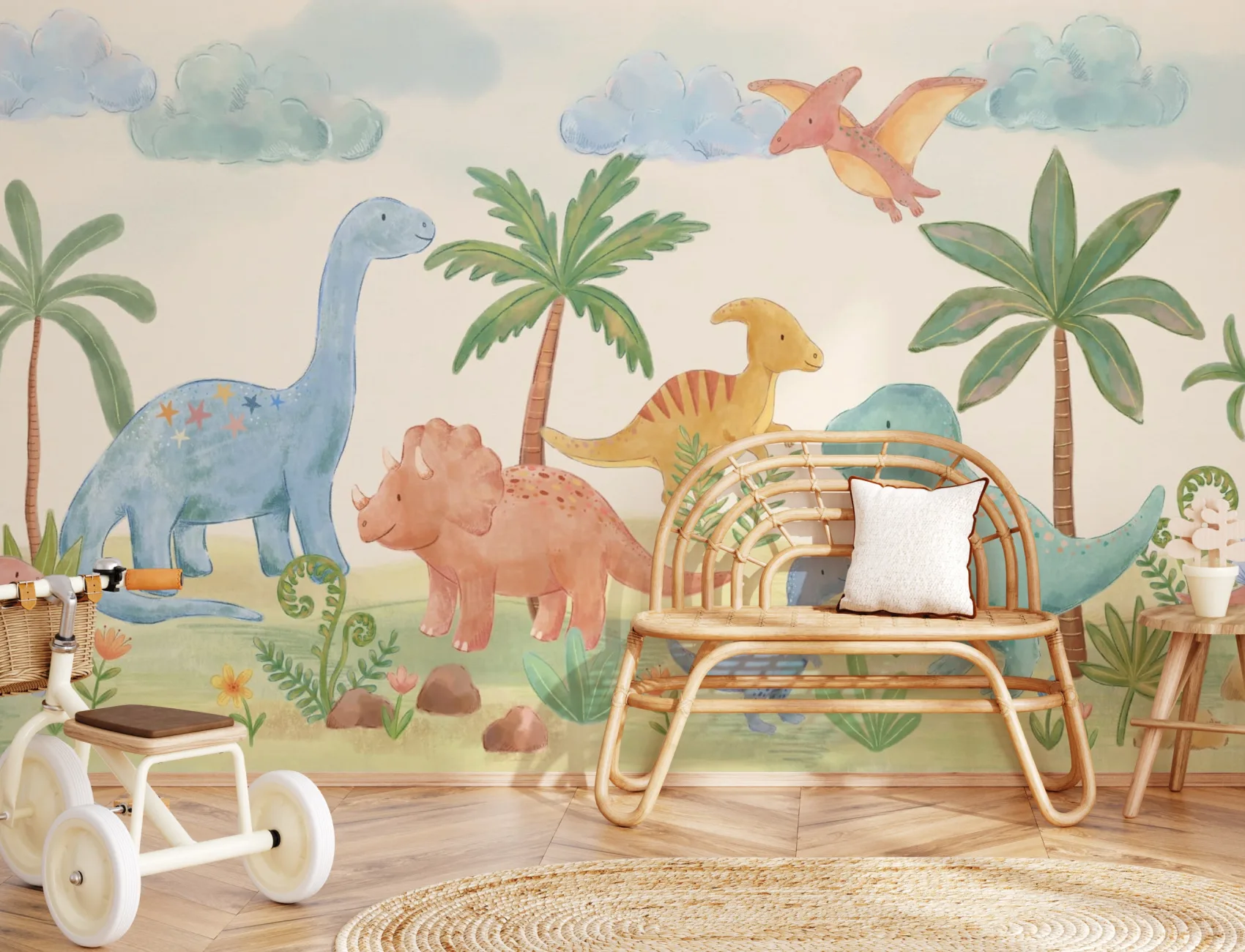 Veelkleurige Dinosaur Paradise kindermuurschildering voor speelse ruimtes