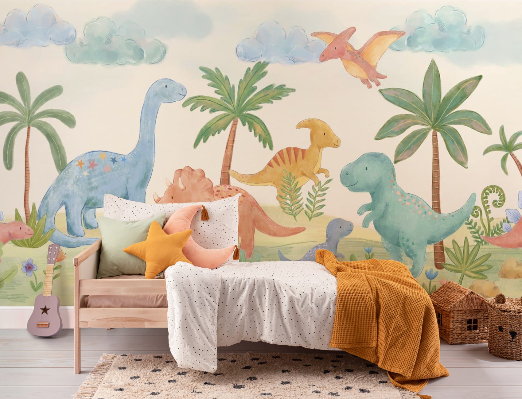 Veelkleurige Dinosaur Paradise kindermuurschildering voor speelse ruimtes